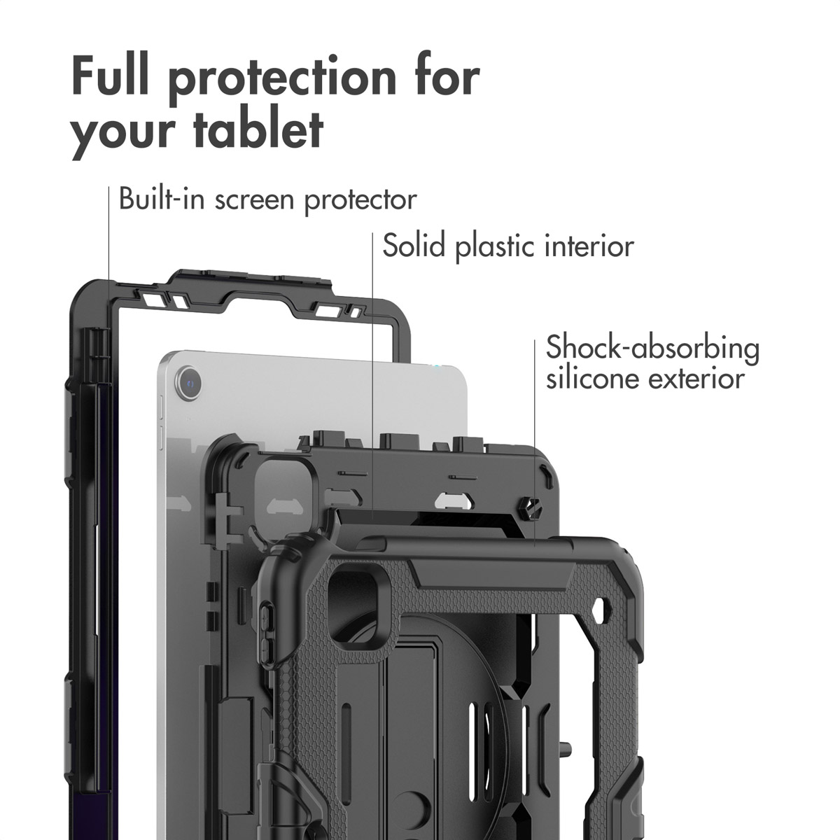 Vista esplosa di una robusta custodia per tablet che mostra la pellicola e gli strati protettivi.