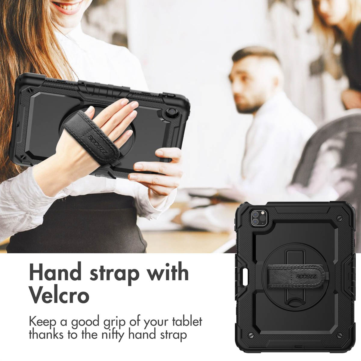 Una donna tiene un tablet nero con cinturino in un ufficio.