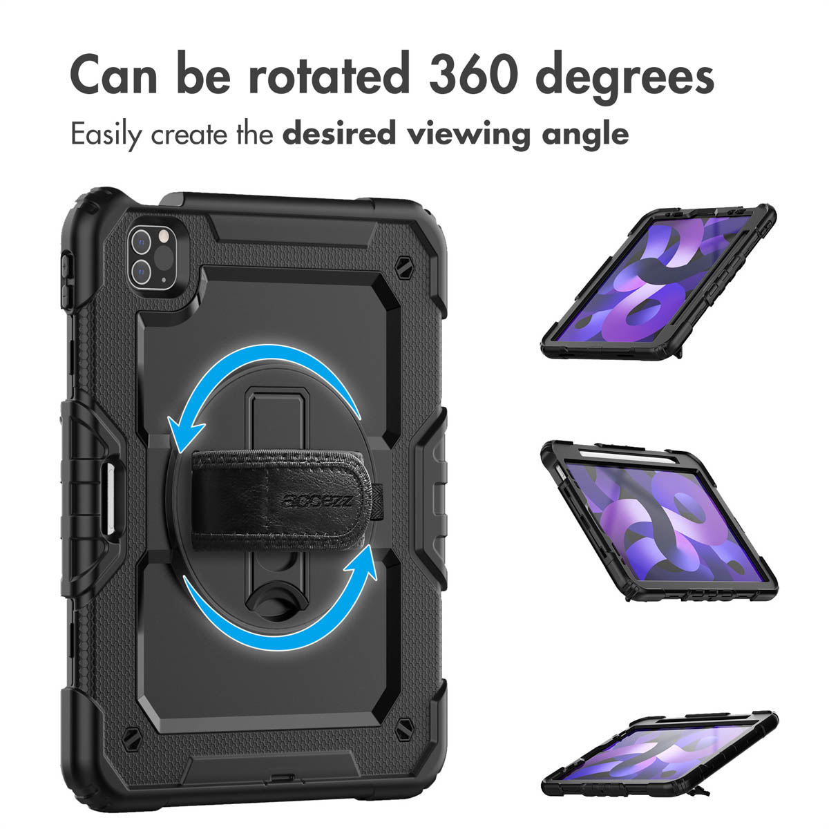 Custodia per tablet nera con rotazione a 360 gradi e cinturino, mostrata da più angolazioni.