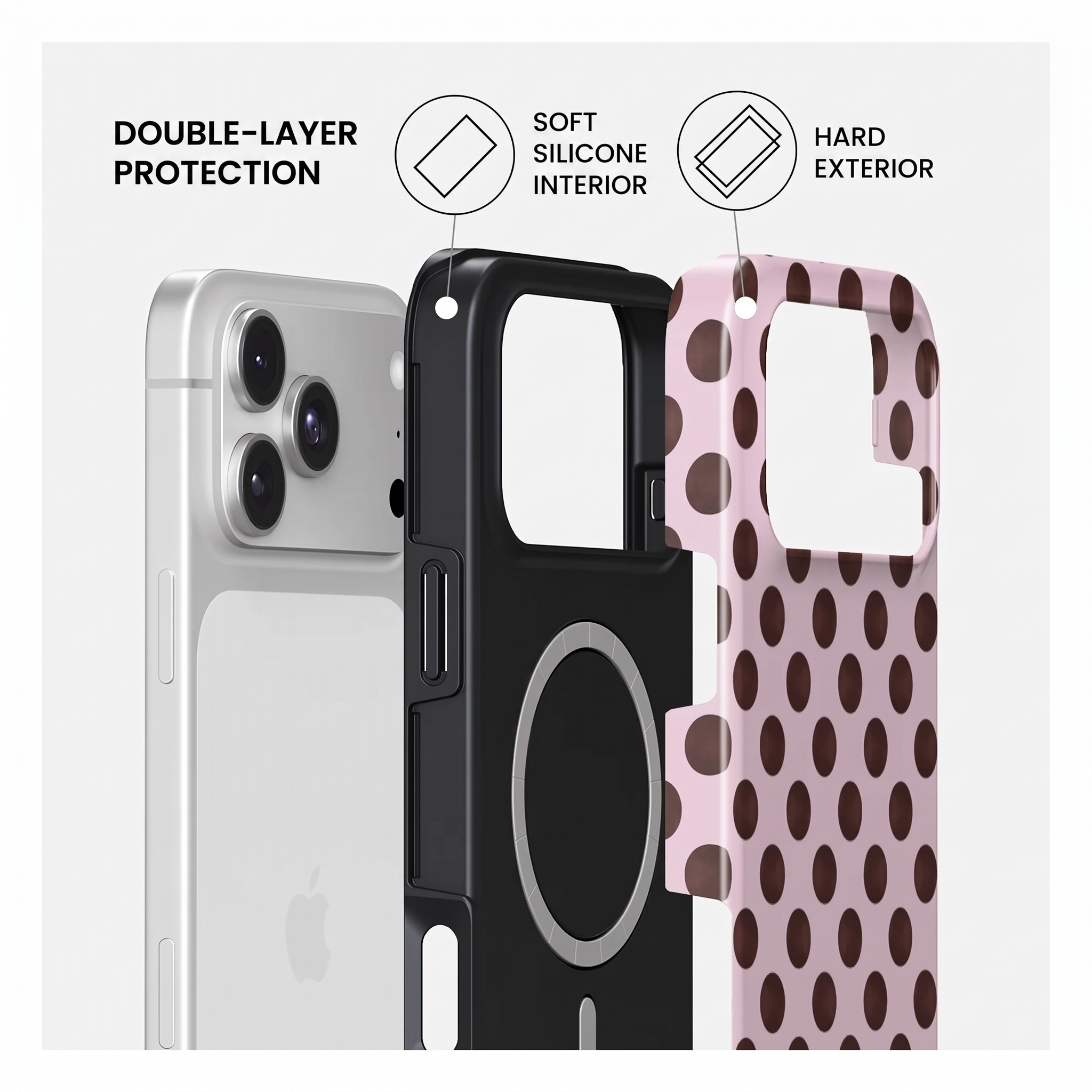 Schéma de protection double couche: intérieur en silicone souple et extérieur rigide.