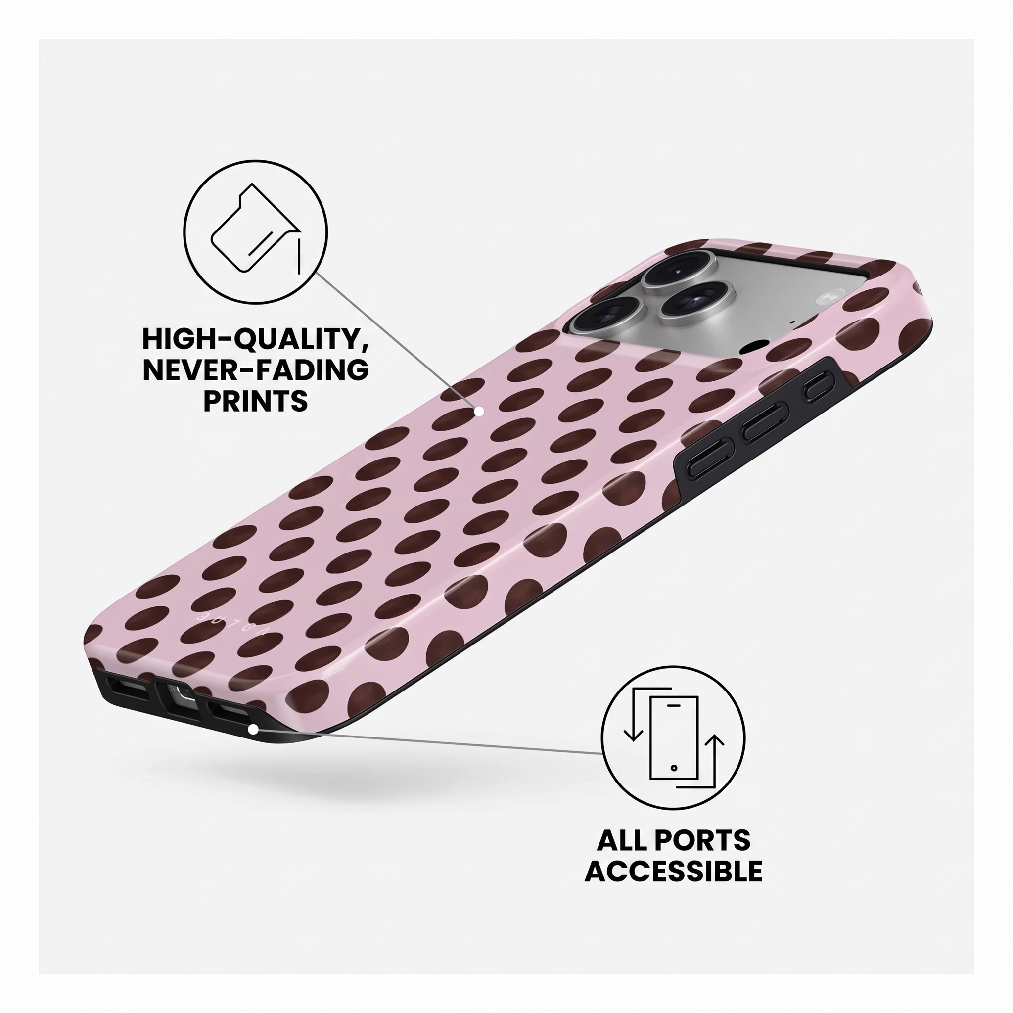 Coque rose à pois marrons avec des encarts sur l'impression durable et l'accès aux ports.