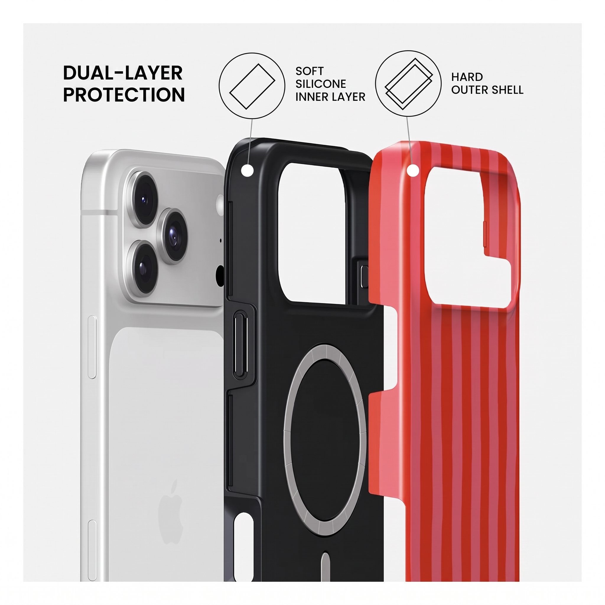 Schéma montrant une protection double couche avec une couche intérieure en silicone et une coque rigide.