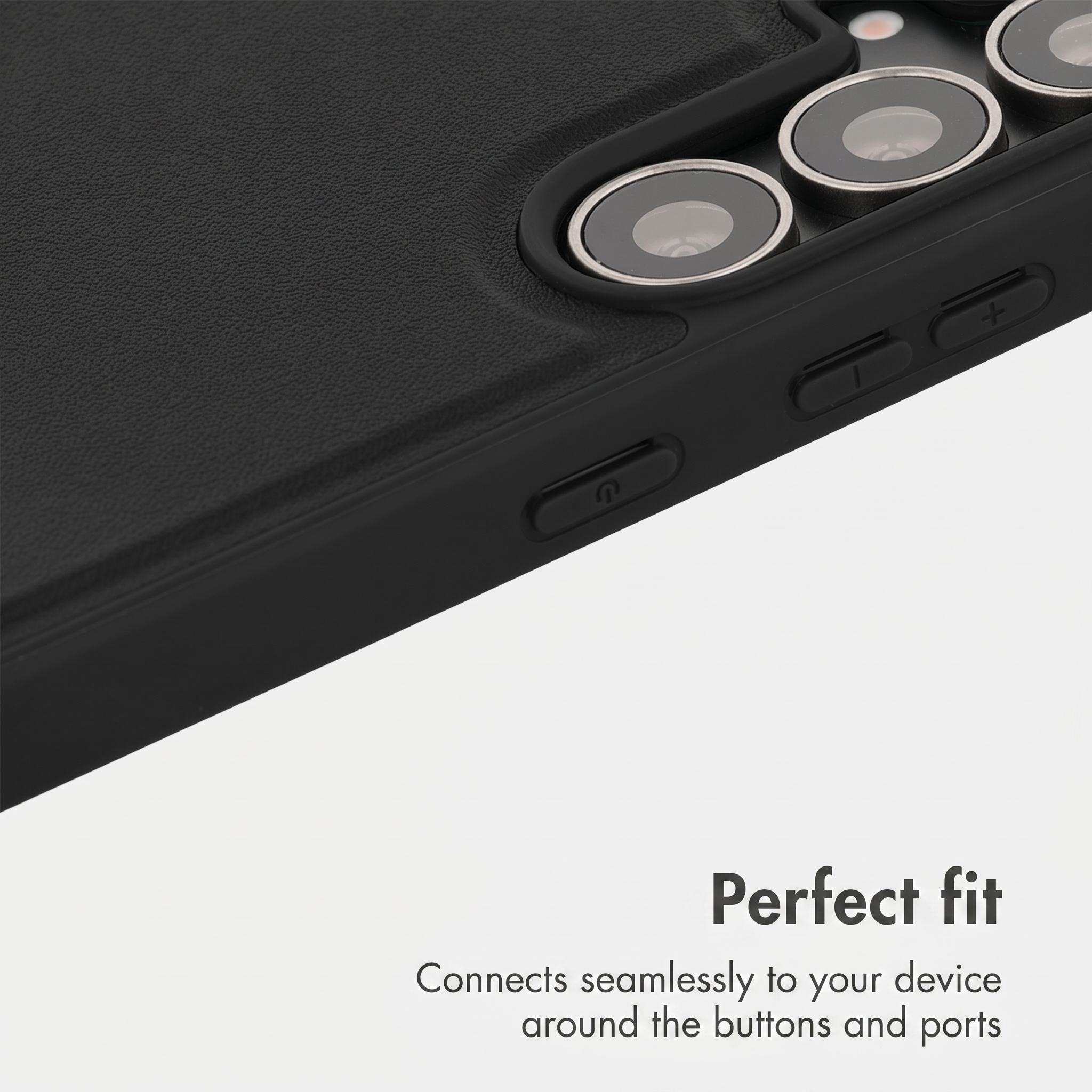 Black phone case with precise cutouts for cameras and buttons, text "Perfect fit".