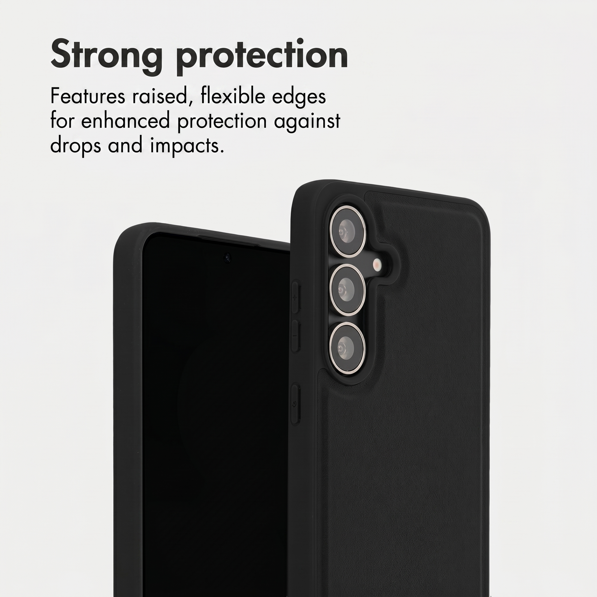 Strong smartphone protective case with raised edges and camera cutout.