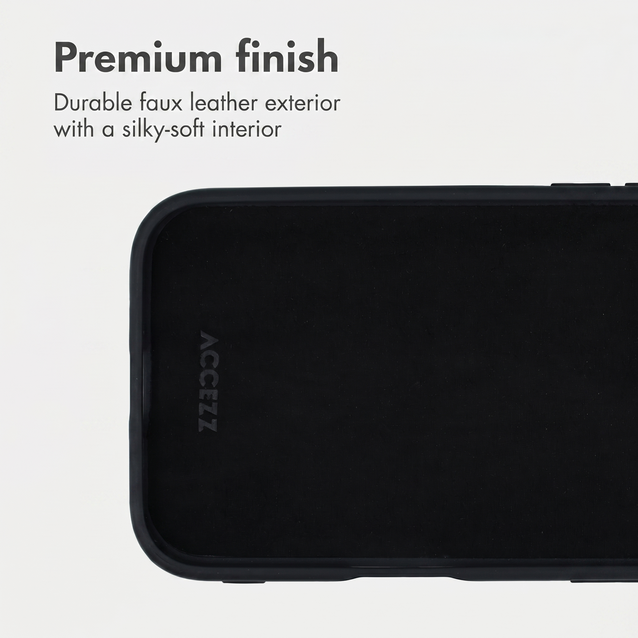 Black phone case with ACZEZZ branding on the soft inner lining against a light background.