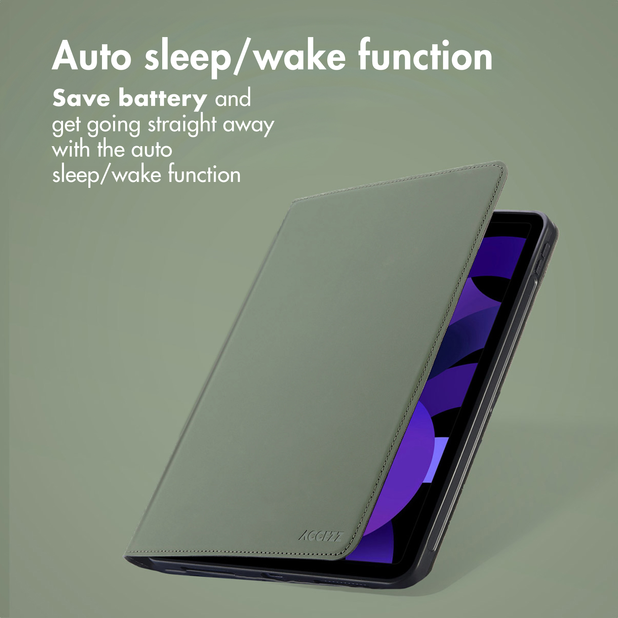 A green tablet case on a green background with text about the sleep/wake function.