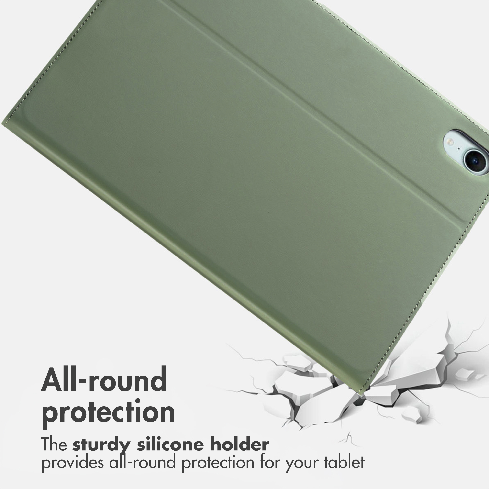 Green tablet case over cracked white background, with text about all-round protection.