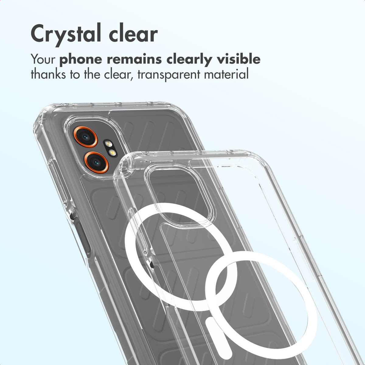 Transparente Handyhülle mit MagSafe-Ring und Kameramodul.