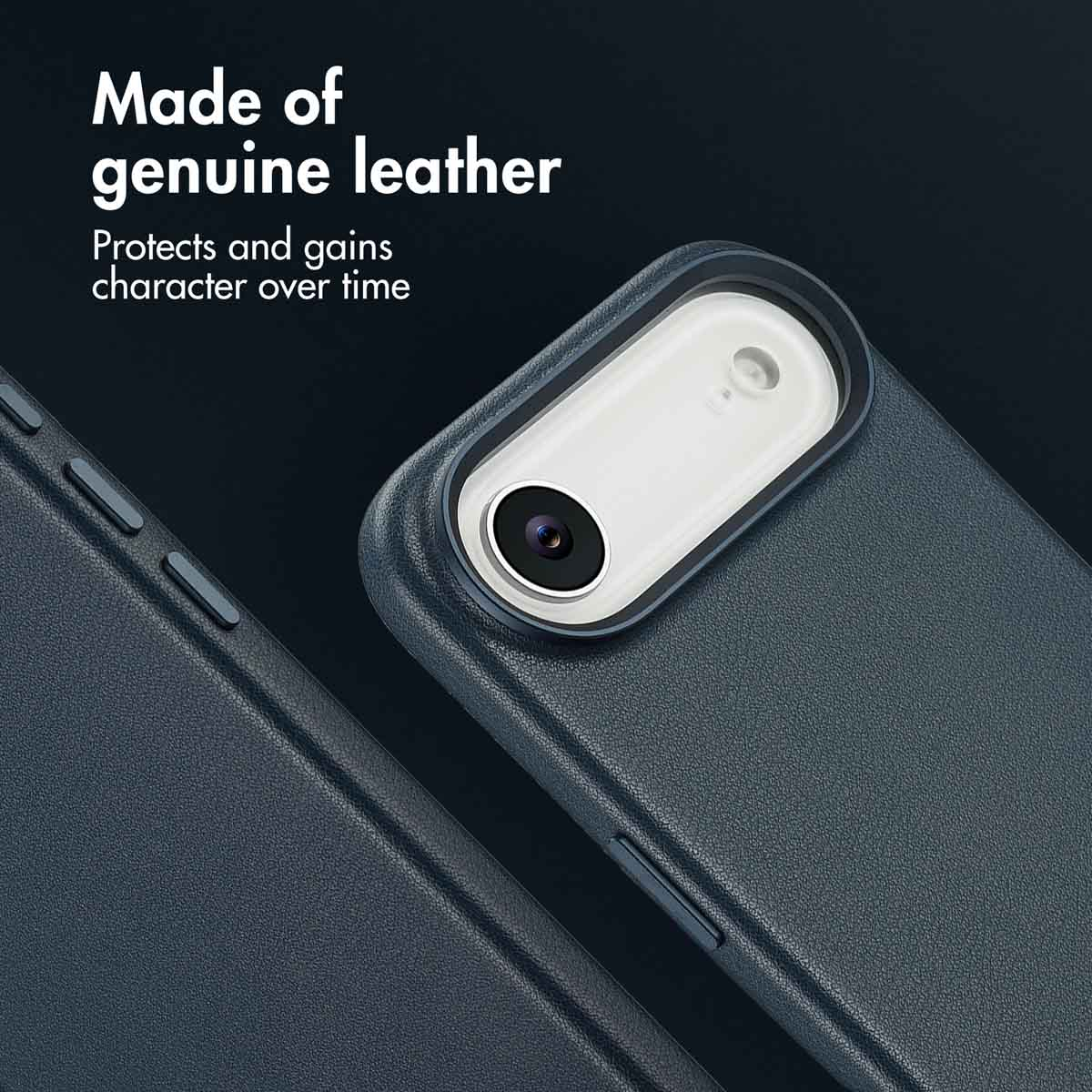 Funda de móvil de cuero azul oscuro con módulo de cámara, texto: Made of genuine leather.