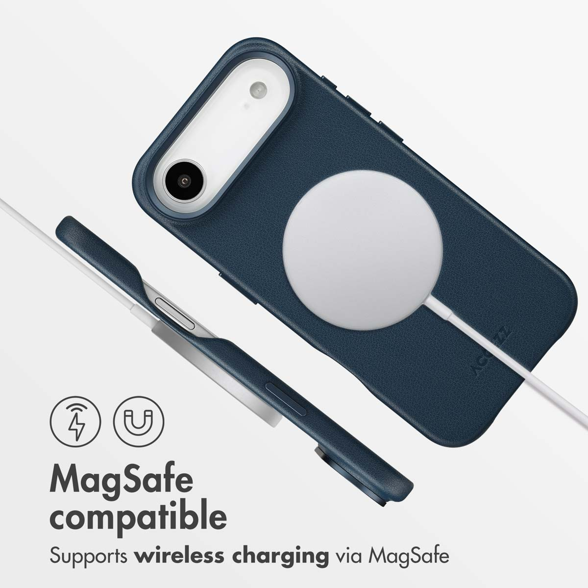Funda de teléfono azul con cargador MagSafe sobre fondo blanco, iconos de compatibilidad abajo.