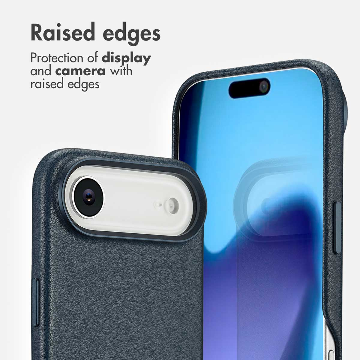 Funda de smartphone azul que destaca bordes elevados para protección de pantalla y cámara.