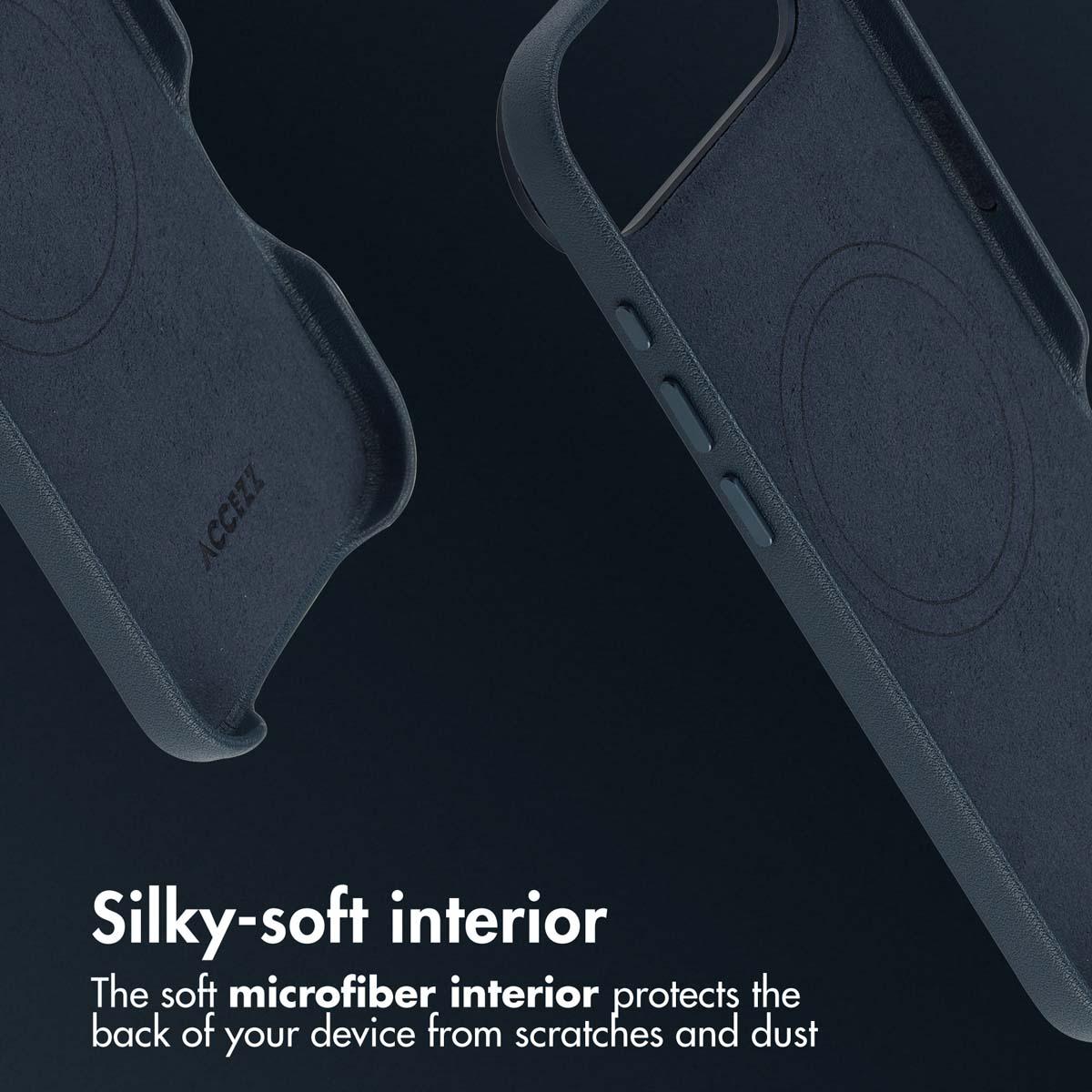 Dos fundas de teléfono azul oscuro por dentro y por fuera sobre fondo oscuro con texto que destaca el interior suave.