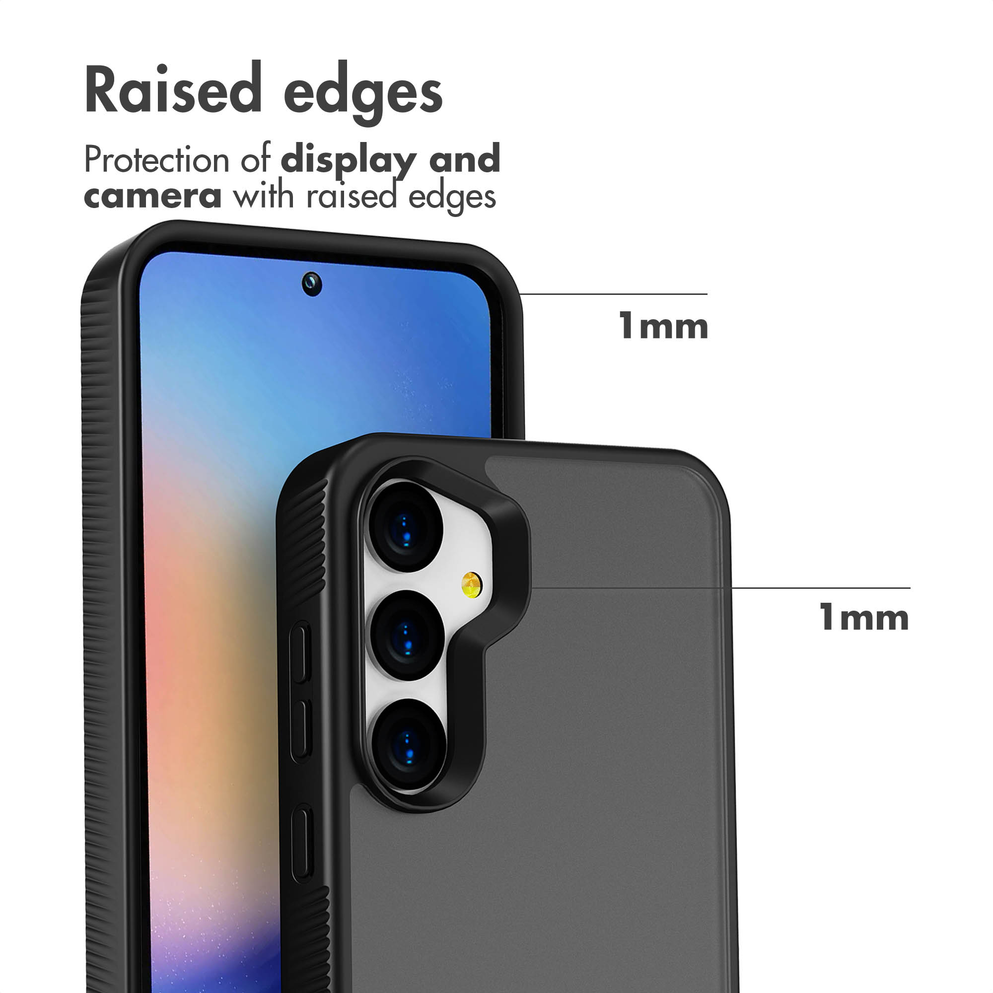 Smartphone dans un étui noir avec des bords surélevés de 1 mm pour l'écran et la caméra.