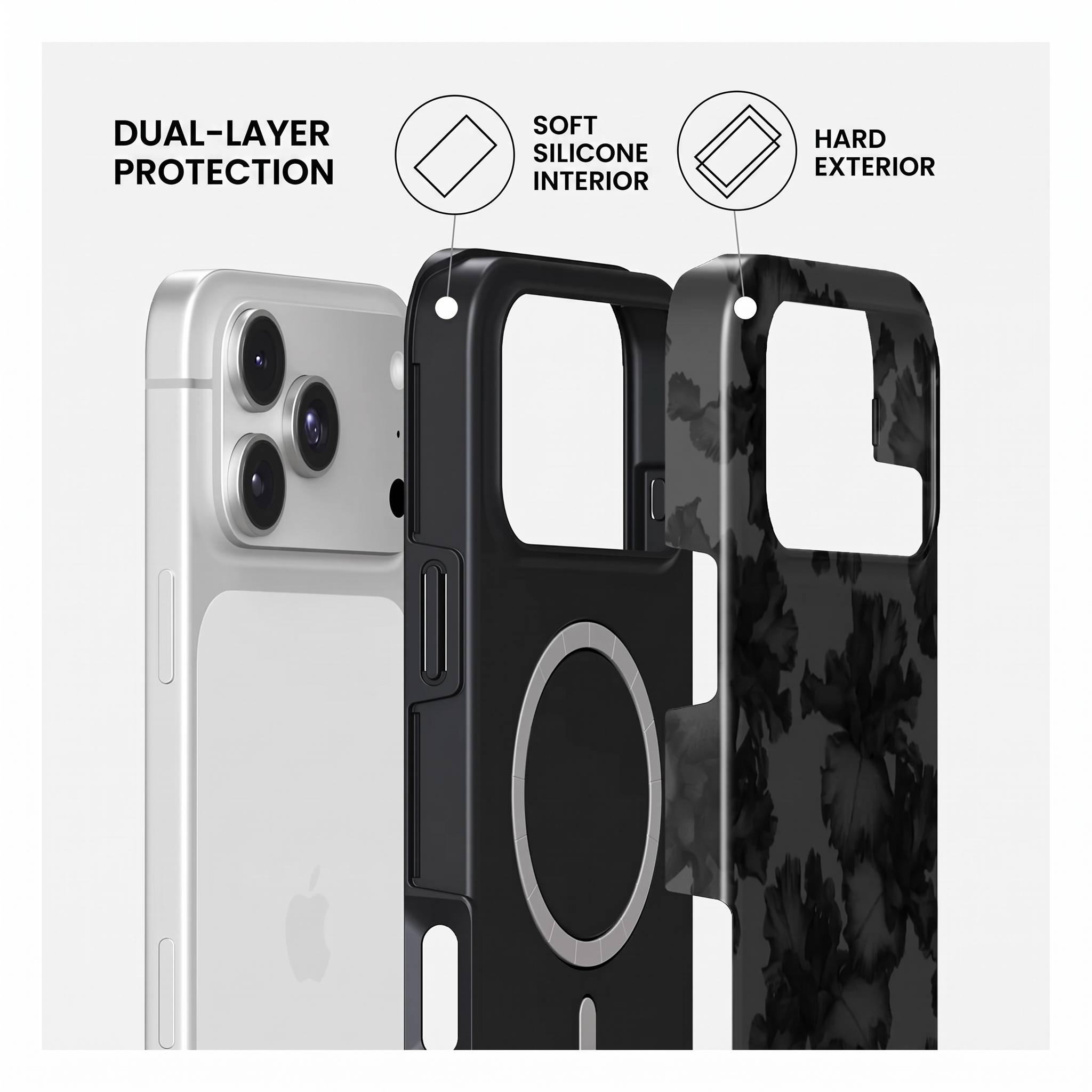 Vue éclatée d'une coque de téléphone avec intérieur en silicone et extérieur rigide.