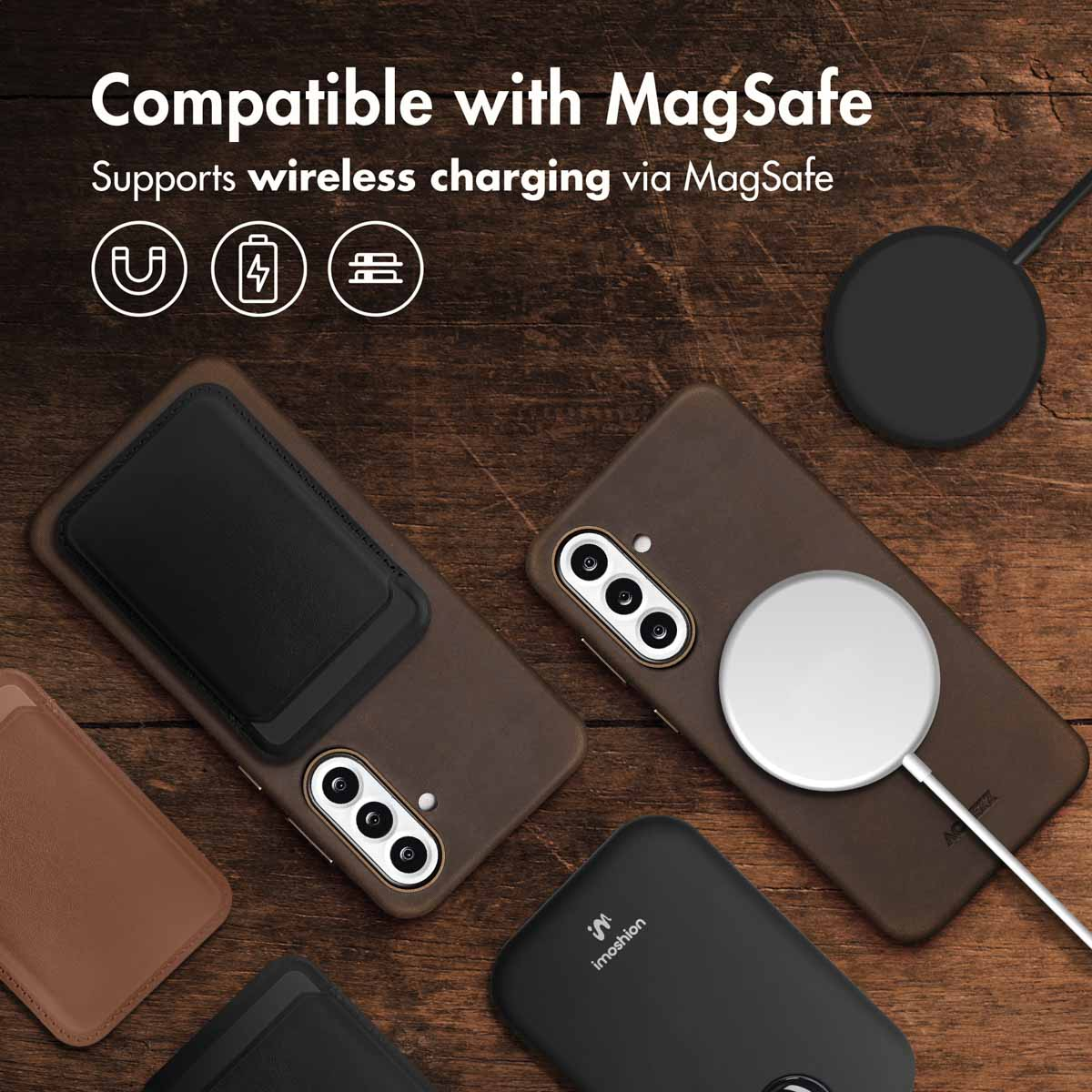 MagSafe-kompatible Handyhüllen und kabelloses Ladegerät auf Holz, mit Symbolen für magnetische und Ladefunktionen.