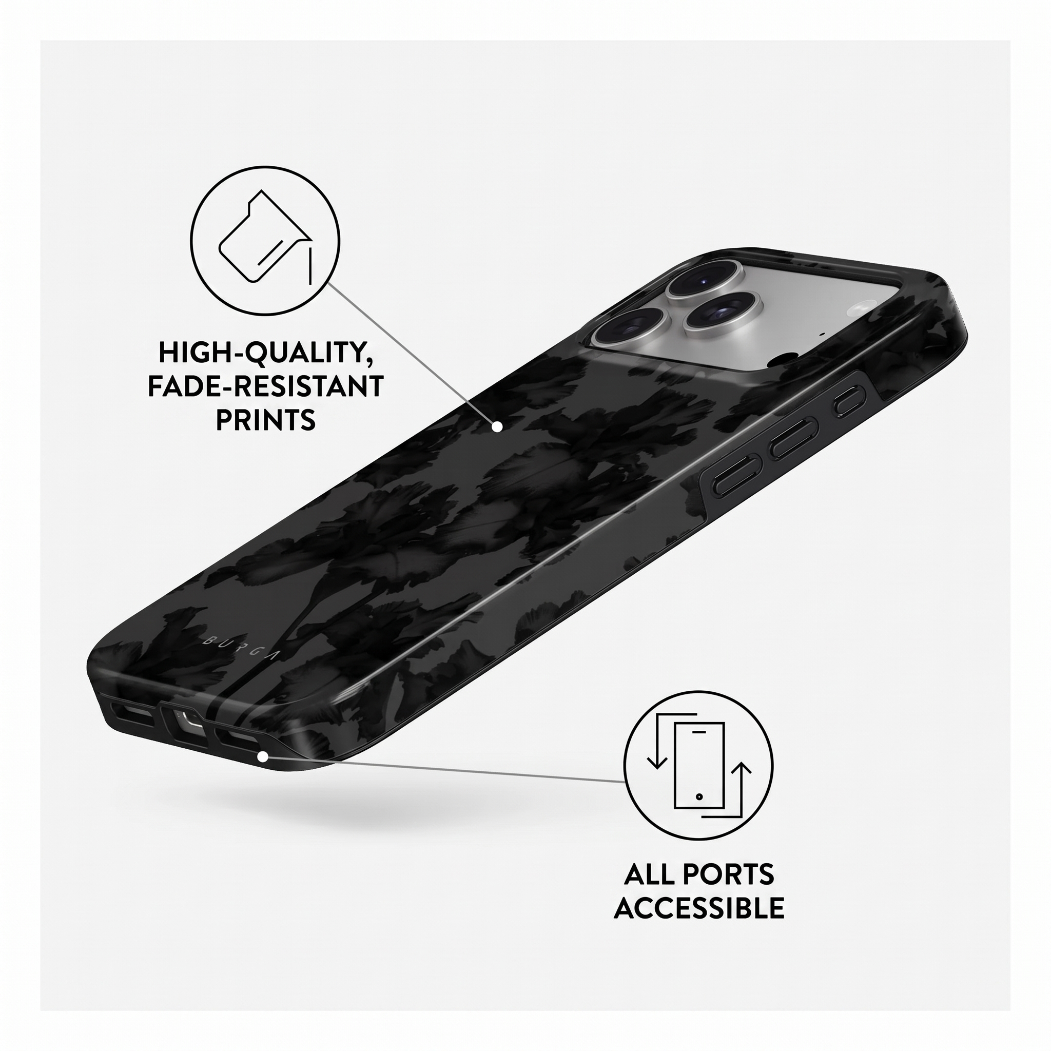 Coque noire à motif floral, soulignant l'impression résistante et les ports accessibles.