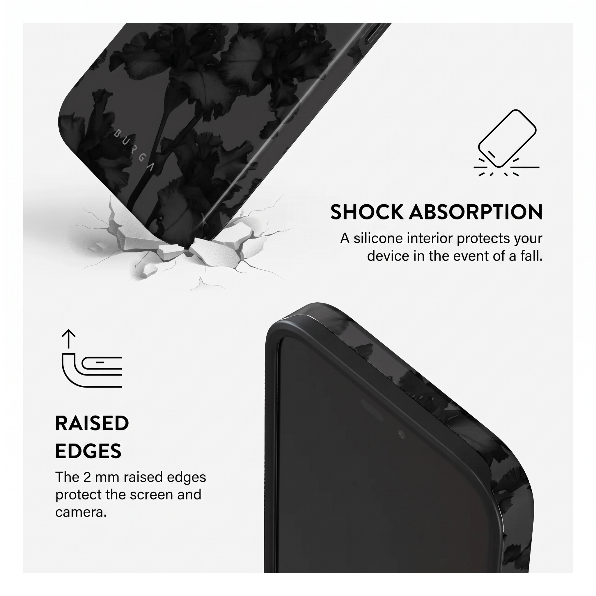 Publicité pour coques de téléphone avec absorption des chocs et bords surélevés.