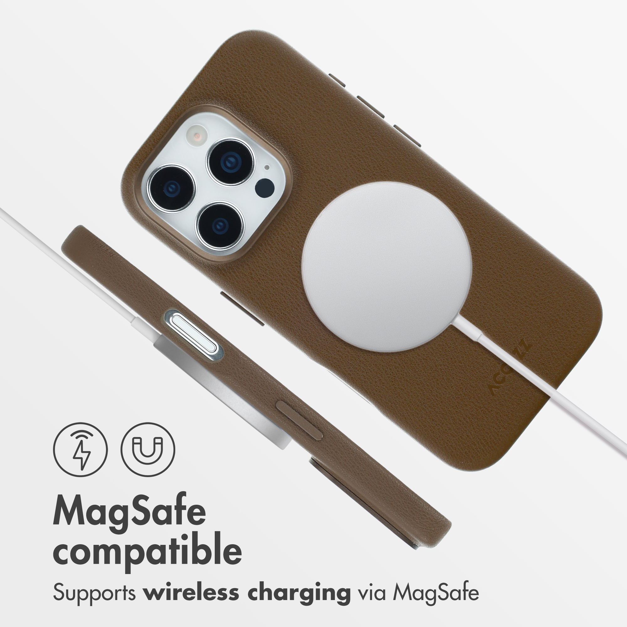 Coque de téléphone MagSafe en cuir marron avec chargeur magnétique rond, vue de dos et de profil.