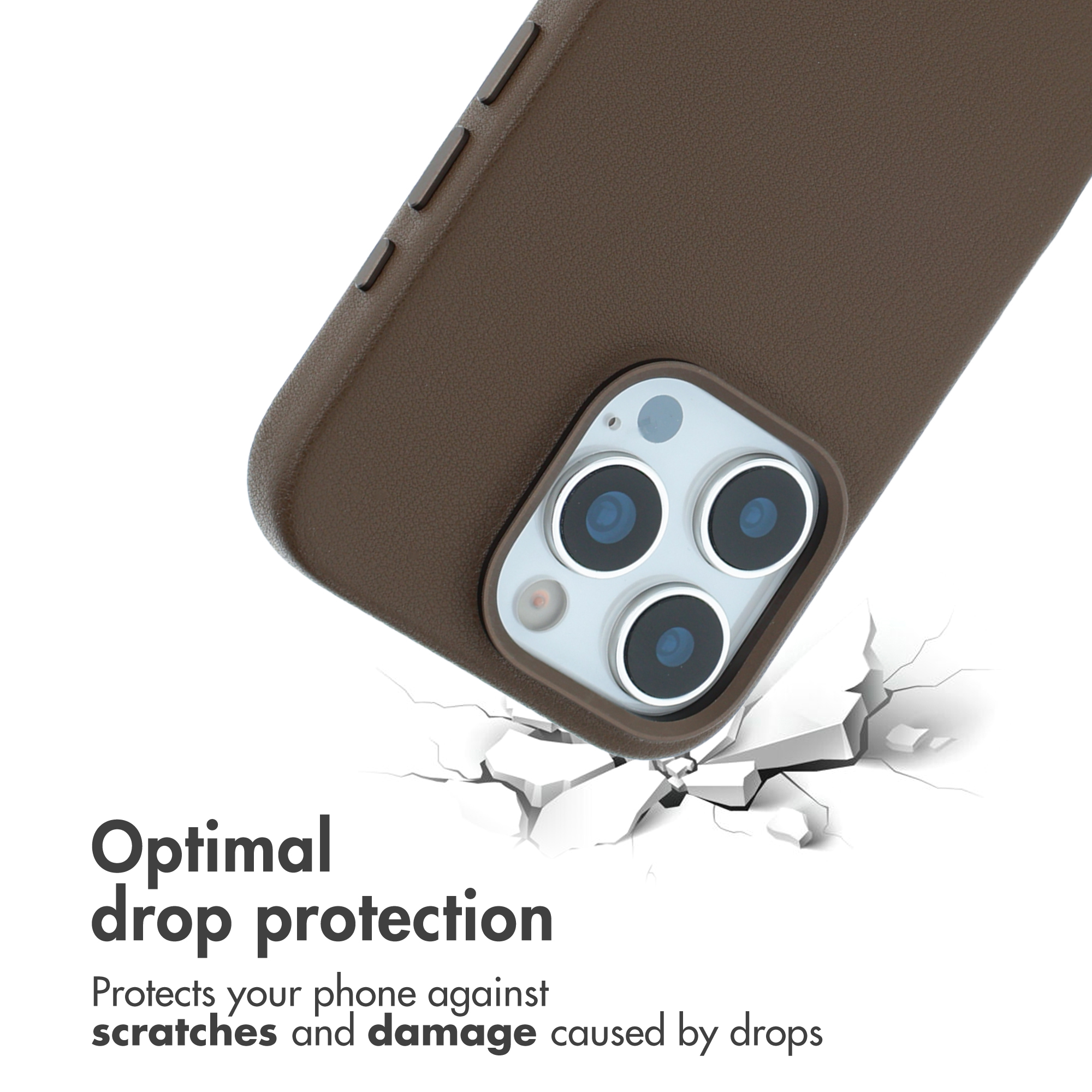 Coque de téléphone en cuir marron avec trois objectifs sur fond blanc fissuré, avec texte sur la protection.