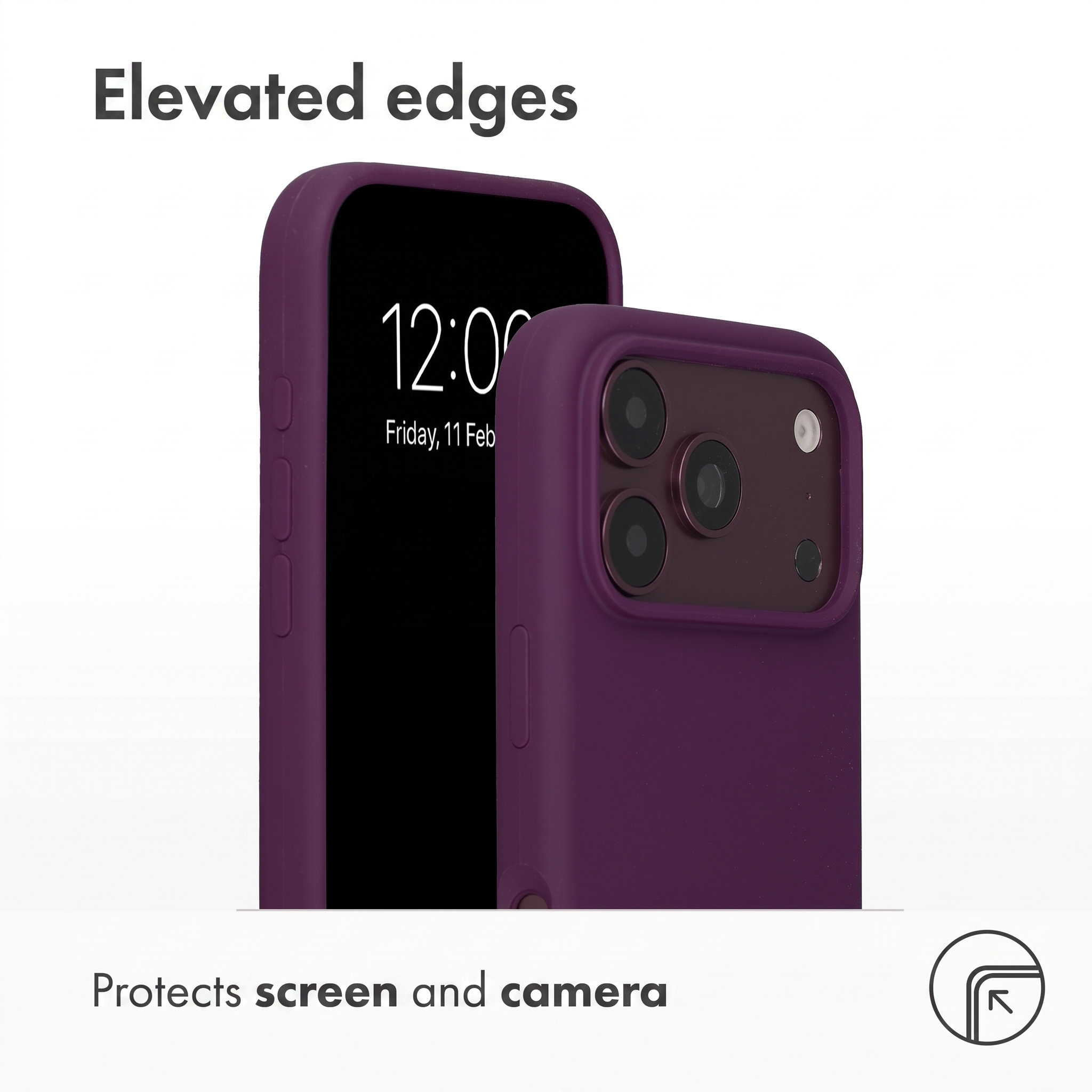 Twee donkerpaarse telefoonhoesjes tonen verhoogde randen die scherm en camera beschermen.