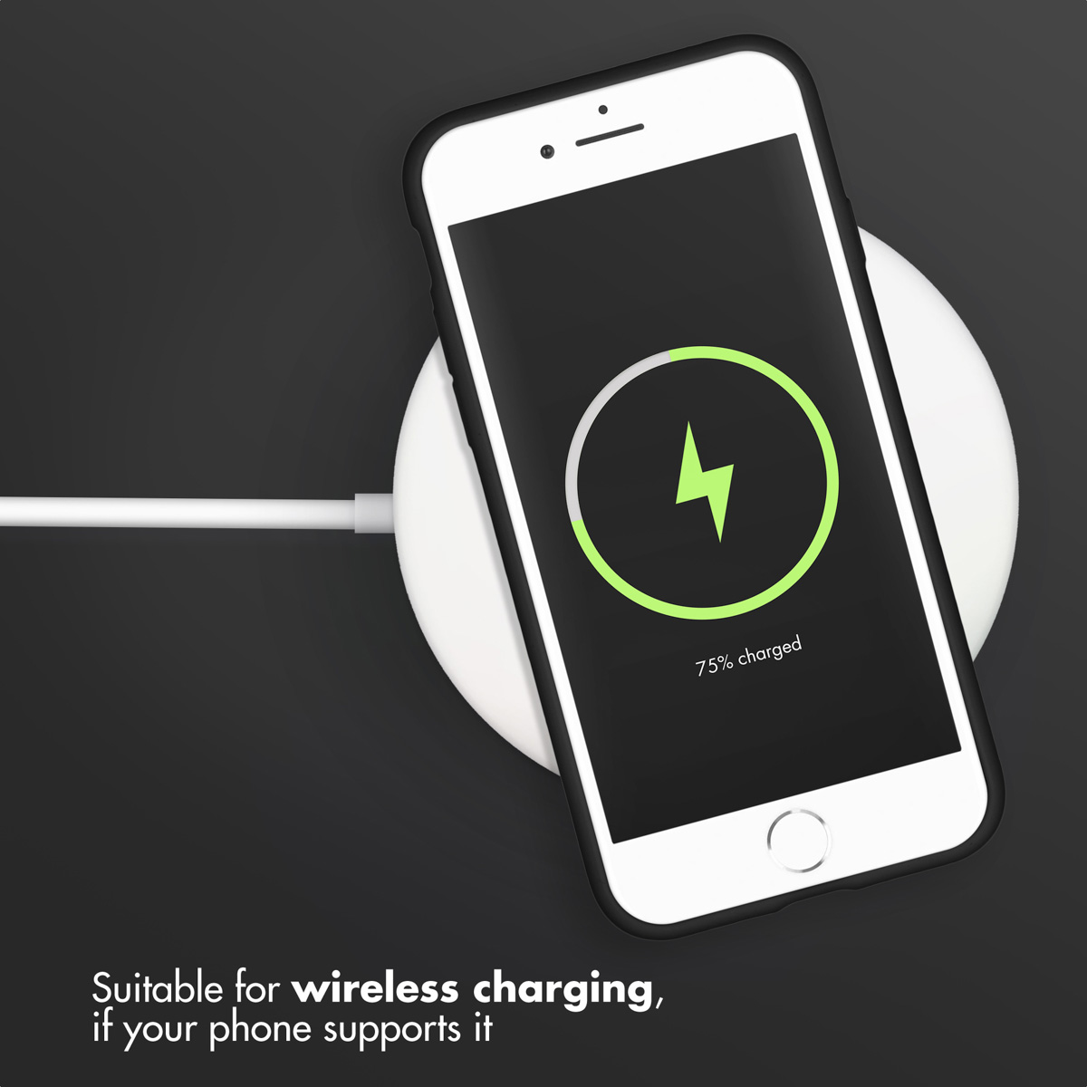 Uno smartphone bianco si ricarica in modalità wireless su una base tonda con indicatore.