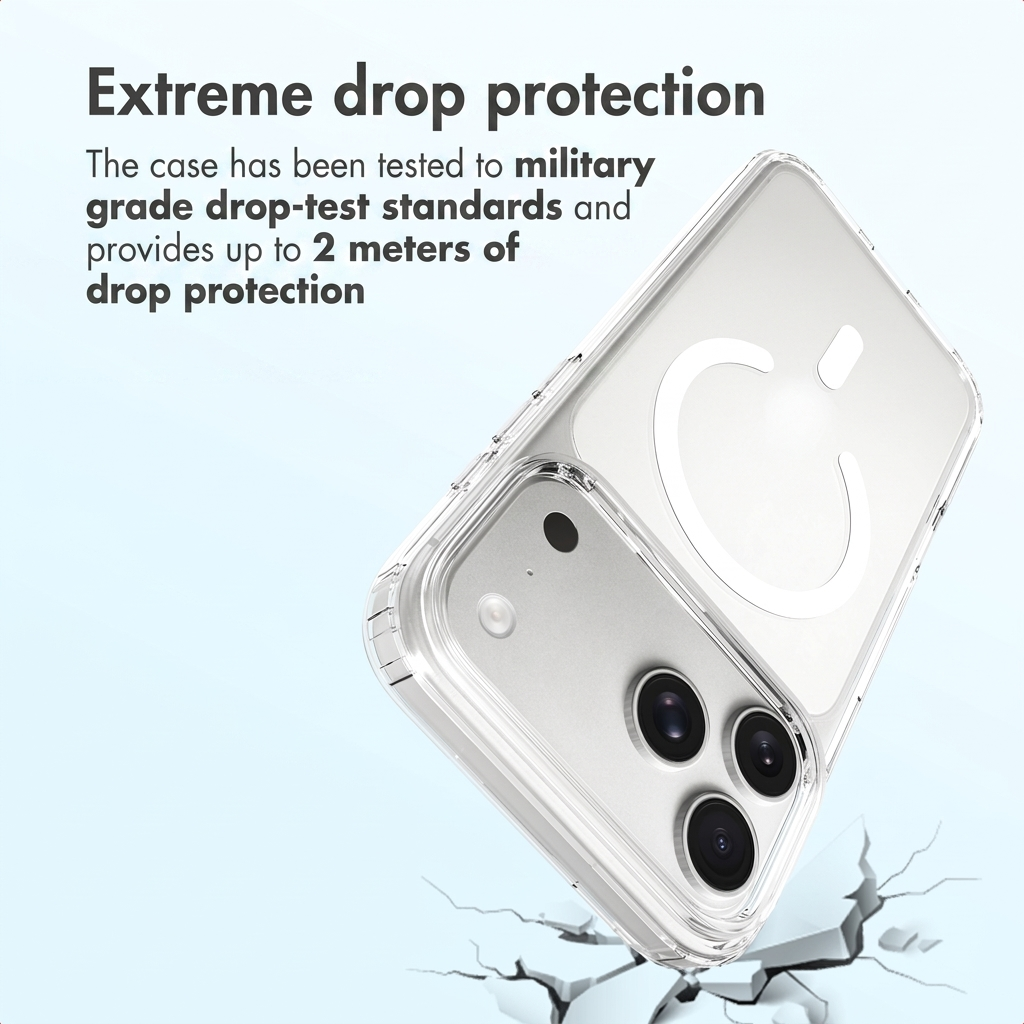 Clear phone case with military-grade drop protection and MagSafe icon on blue background.