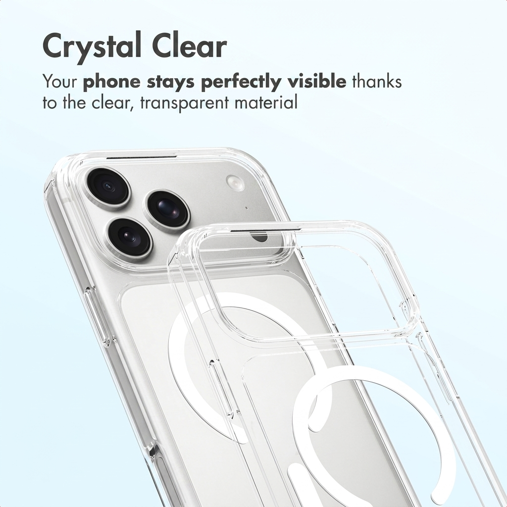 A clear smartphone case shown on a phone against a light blue background.