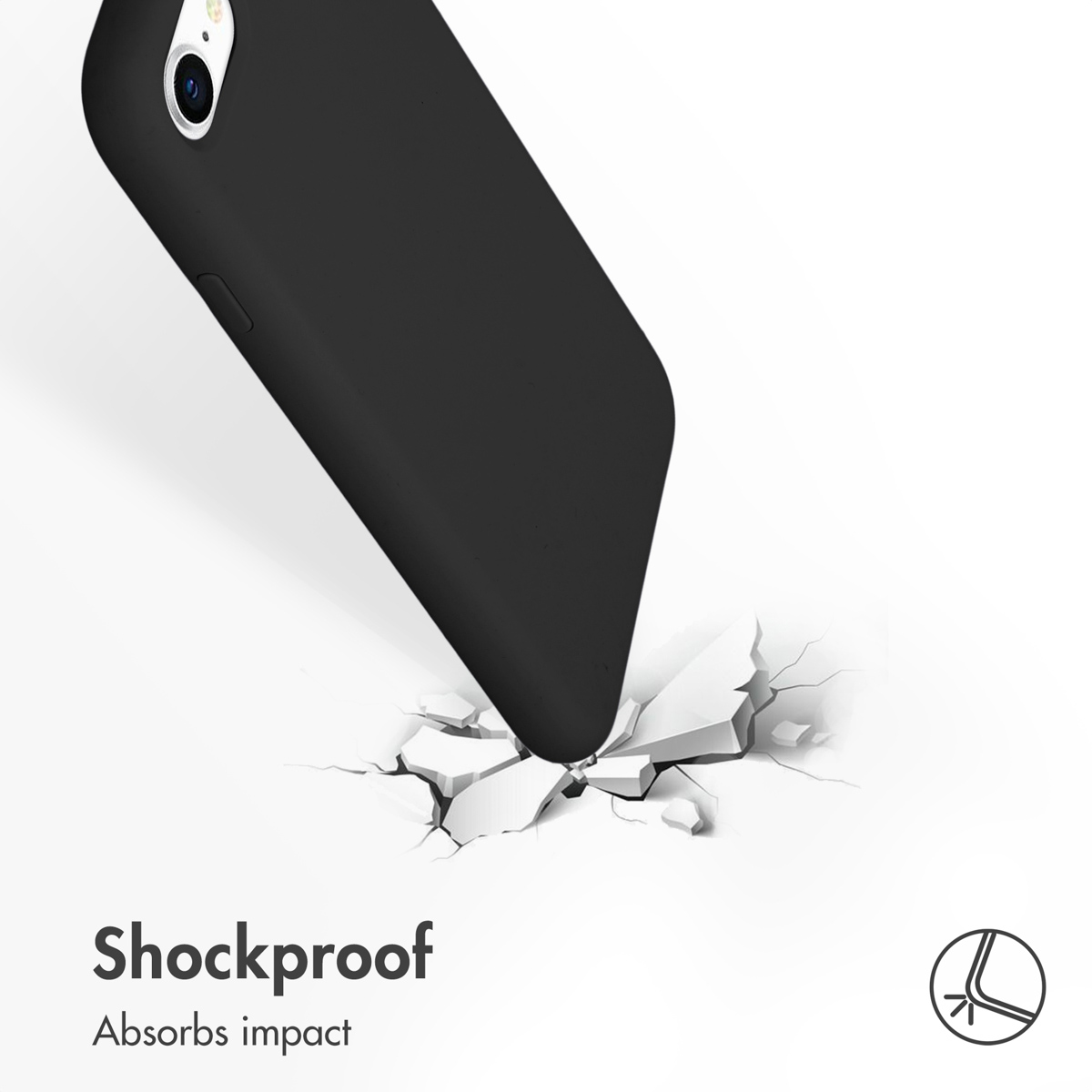 Uno smartphone nero in una custodia colpisce una superficie bianca che si incrina. Testo: Shockproof Absorb impact.
