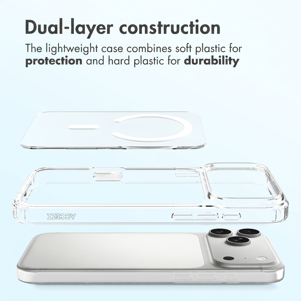 Exploded view of a transparent dual-layer phone case shown above a smartphone.