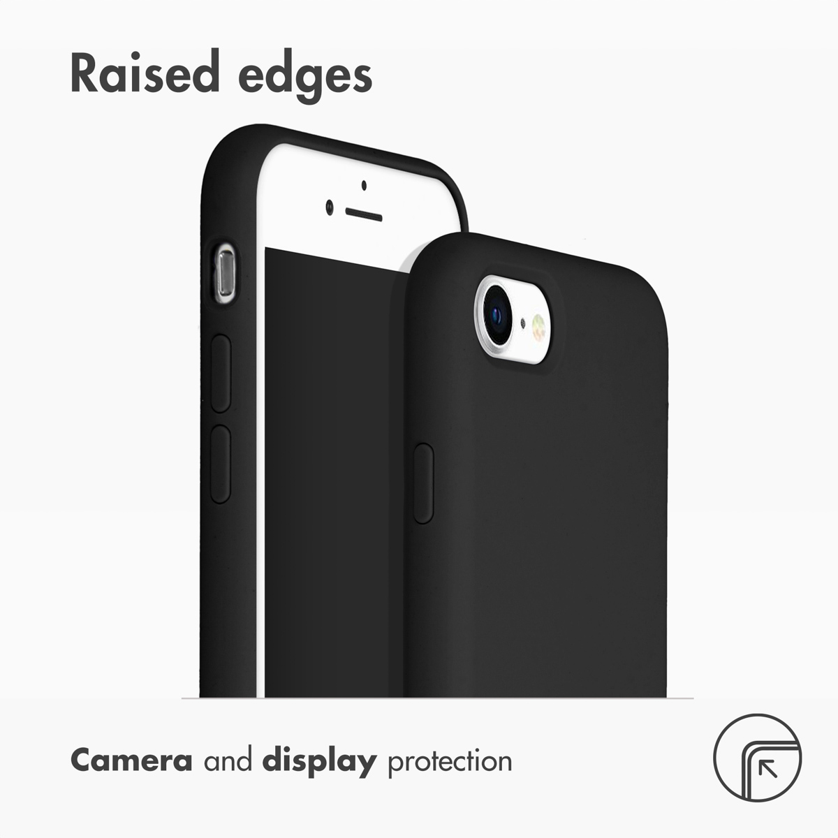 Due custodie per cellulari nere mostrano bordi rialzati per la protezione di fotocamera e display.