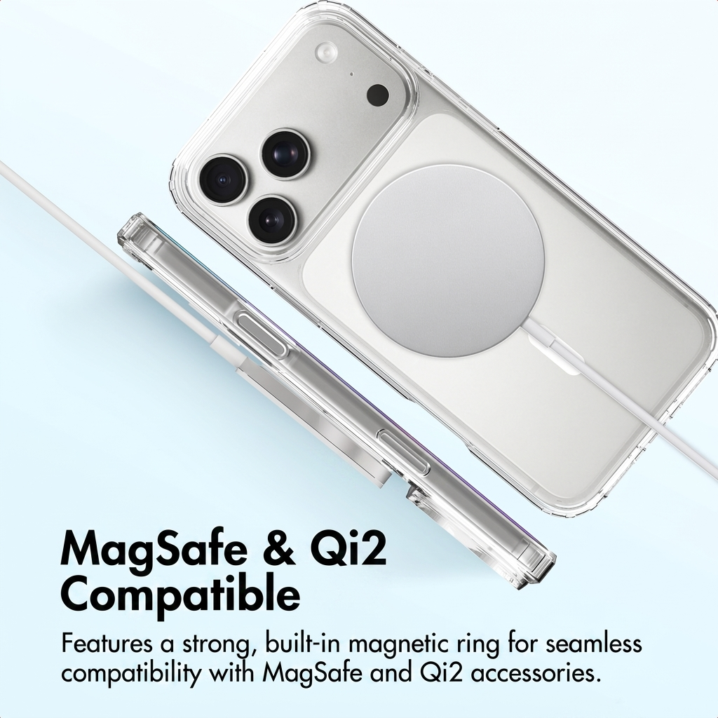 Clear phone case with built-in magnetic ring for MagSafe and Qi2, on a light blue background.