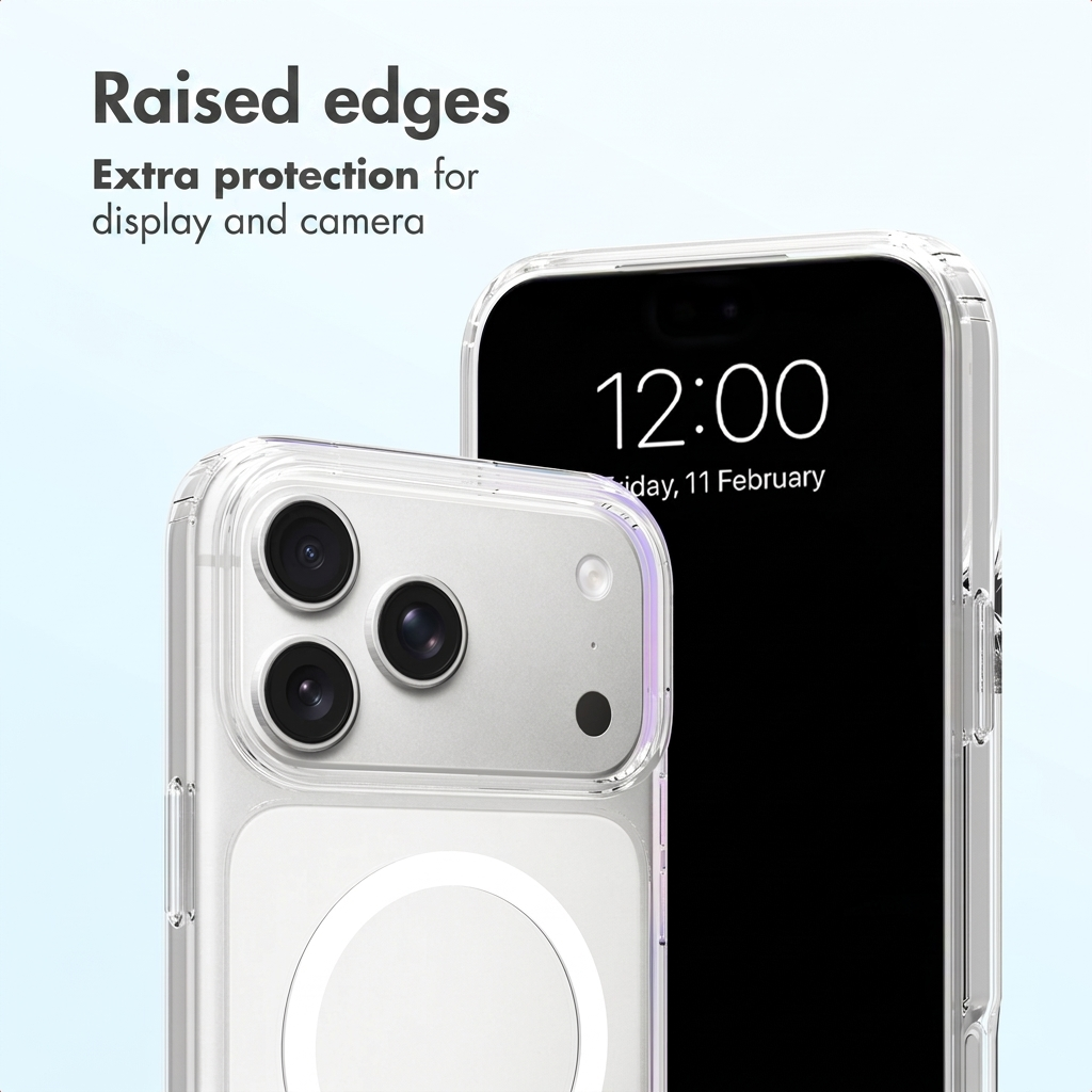 Two smartphones in clear protective cases against a light blue background with text.