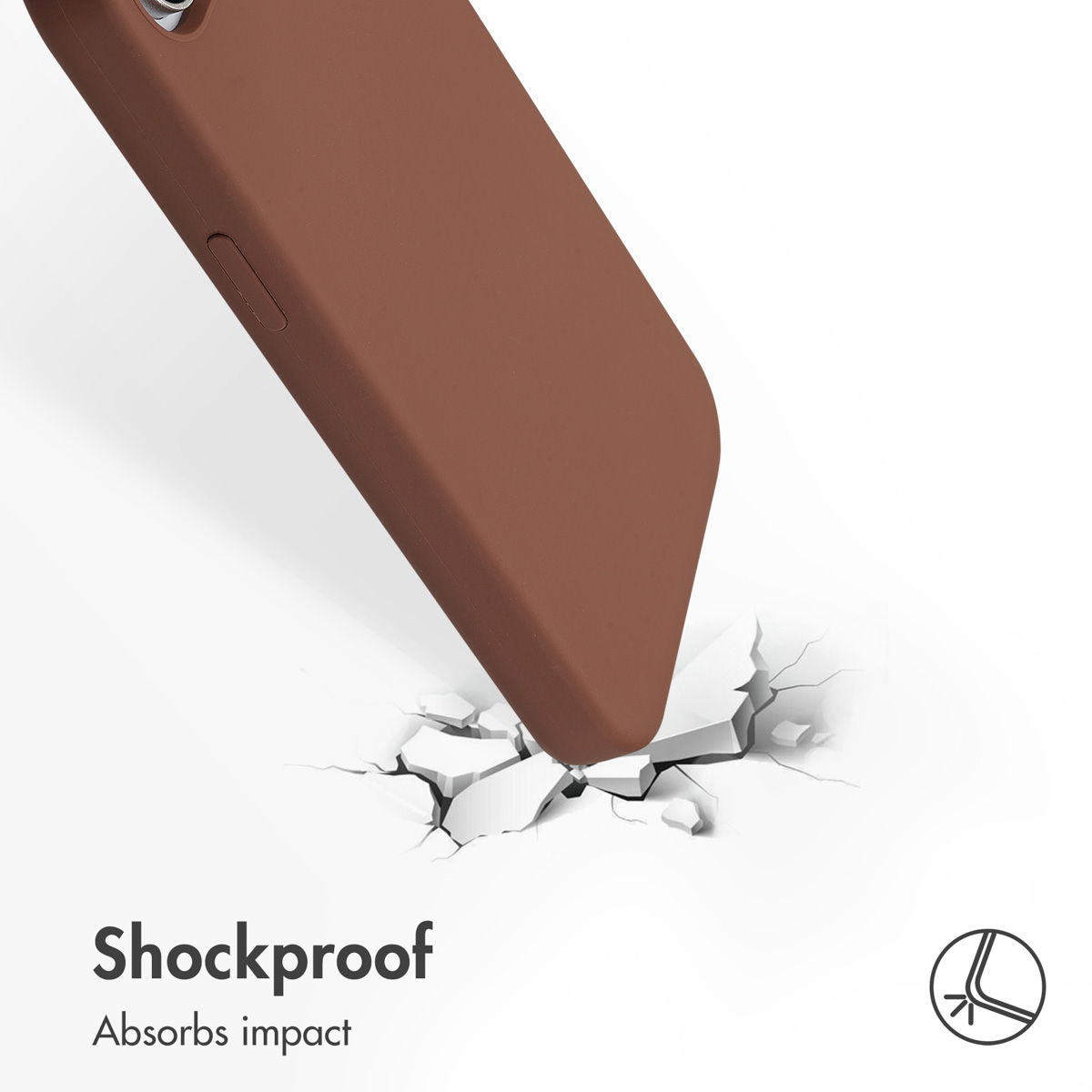 Une coque de téléphone marron frappe une surface blanche fissurée. Texte Shockproof Absorbs impact.