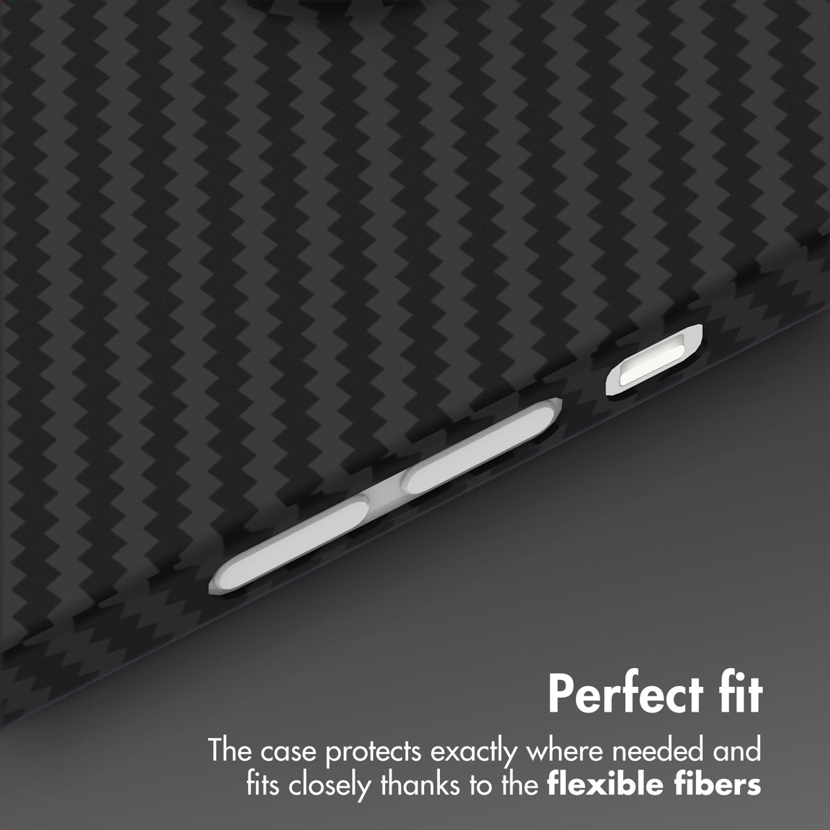 Una funda de móvil de fibra de carbono negra con botones precisos y texto.