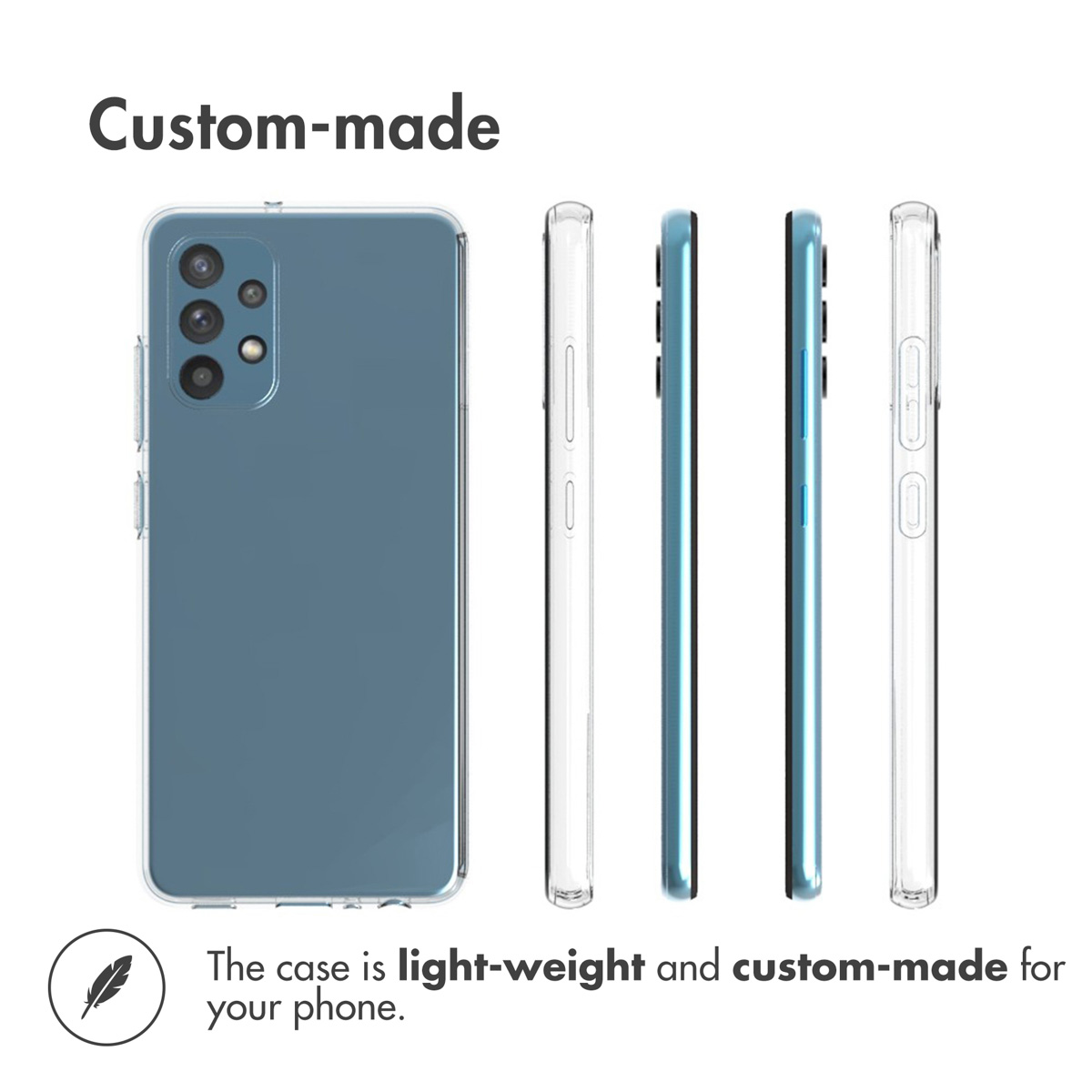 Une coque de protection légère et sur mesure pour smartphone bleu sous différents angles.