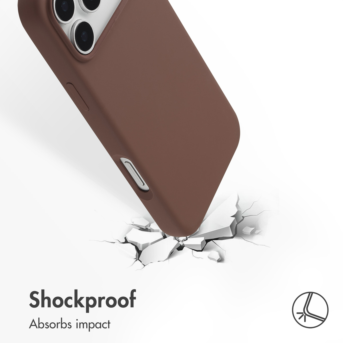 Una funda de móvil marrón golpea una superficie blanca, agrietándola. Abajo: Shockproof, Absorbs impact.