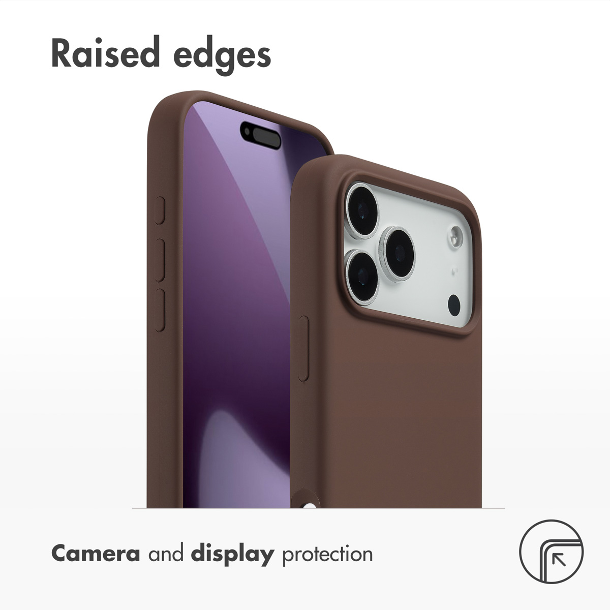 Funda de teléfono marrón con bordes elevados para la cámara y la pantalla.