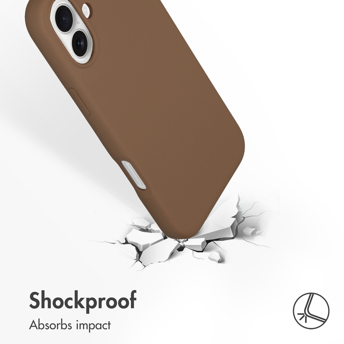 Una cover protettiva marrone colpisce un pavimento rotto, con la scritta 'Shockproof' e un'icona antiurto.