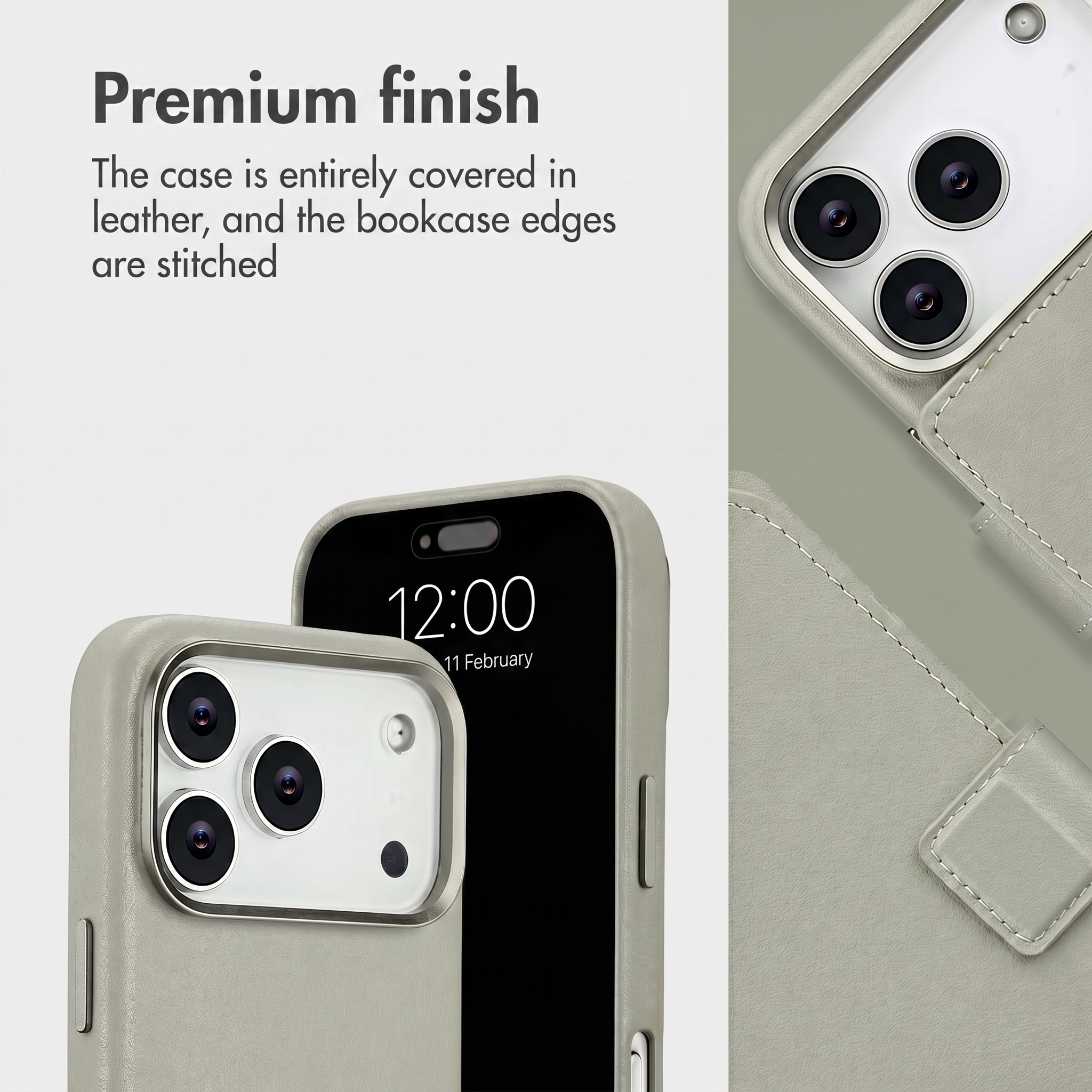 Gros plan d'un étui de téléphone en cuir gris avec des bords cousus et des objectifs.