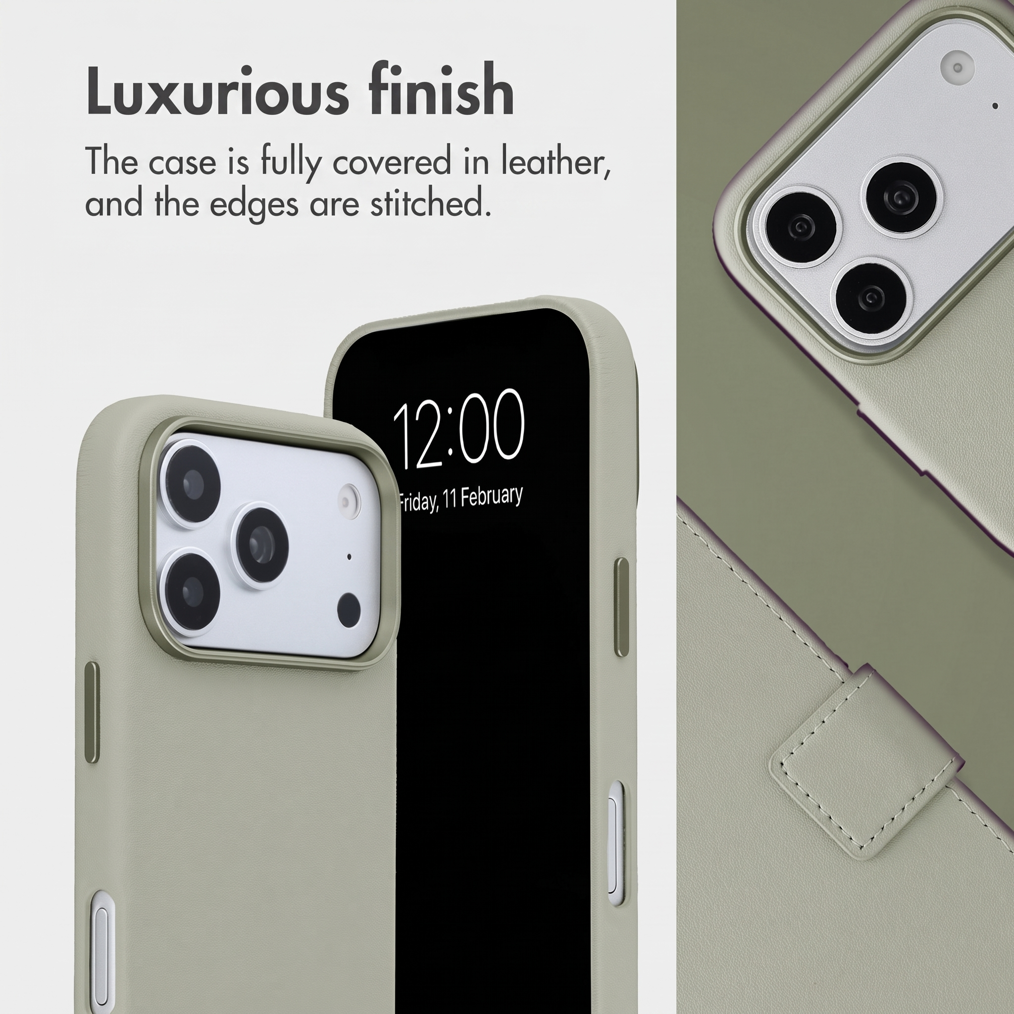 Étui de téléphone en cuir vert avec bords cousus, découpe pour appareil photo et texte de finition.