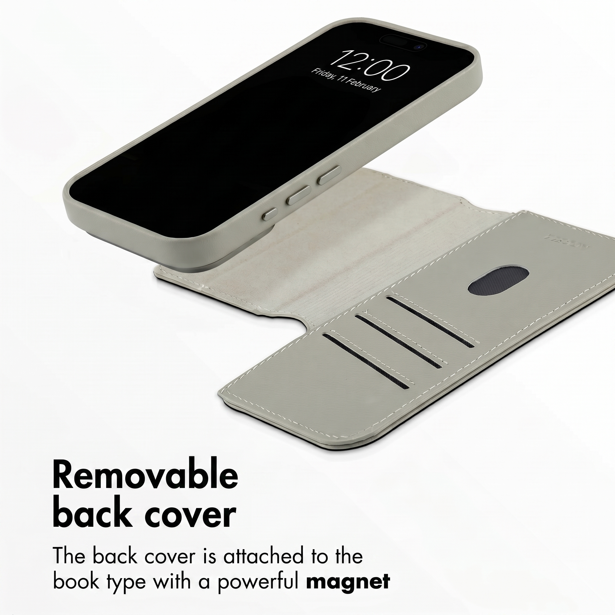 Coque de téléphone beige avec étui amovible et fentes pour cartes sur fond blanc.