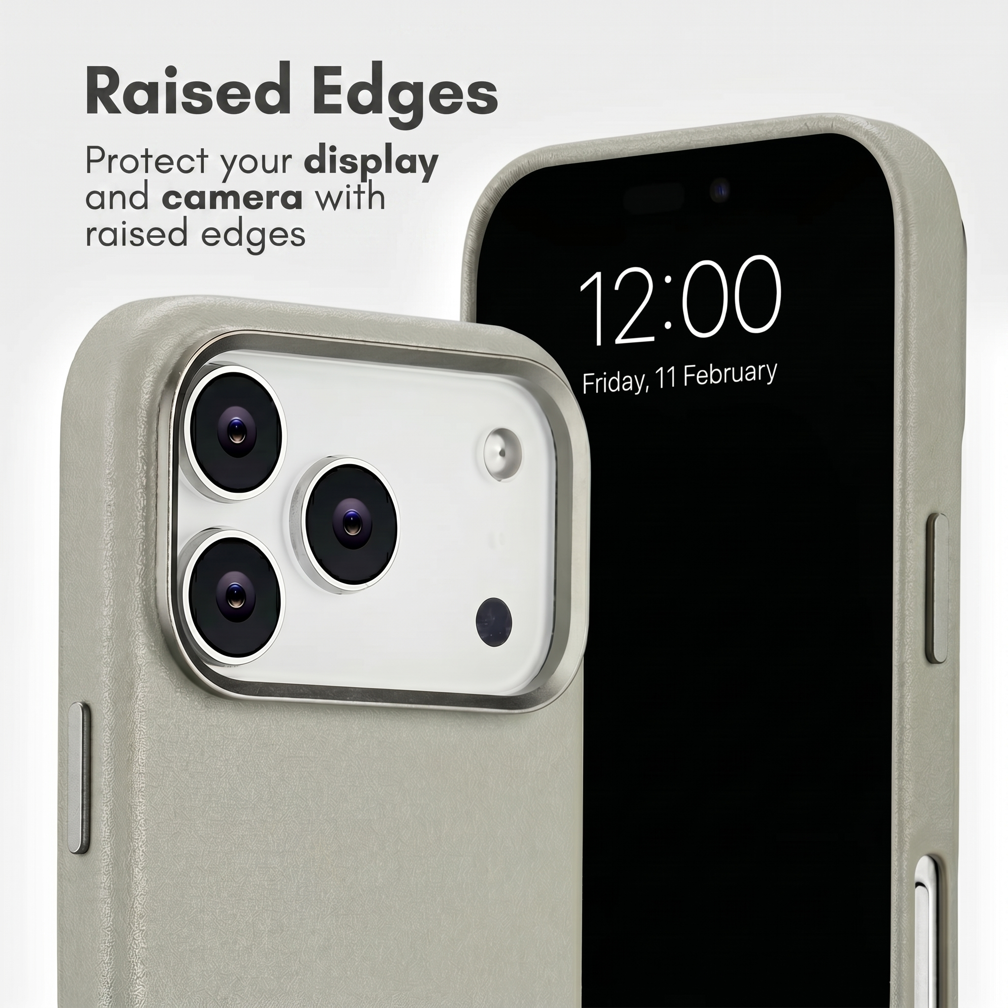 Une coque de téléphone beige montre des bords surélevés pour protéger l'écran et la photo, avec le texte Bords surélevés.