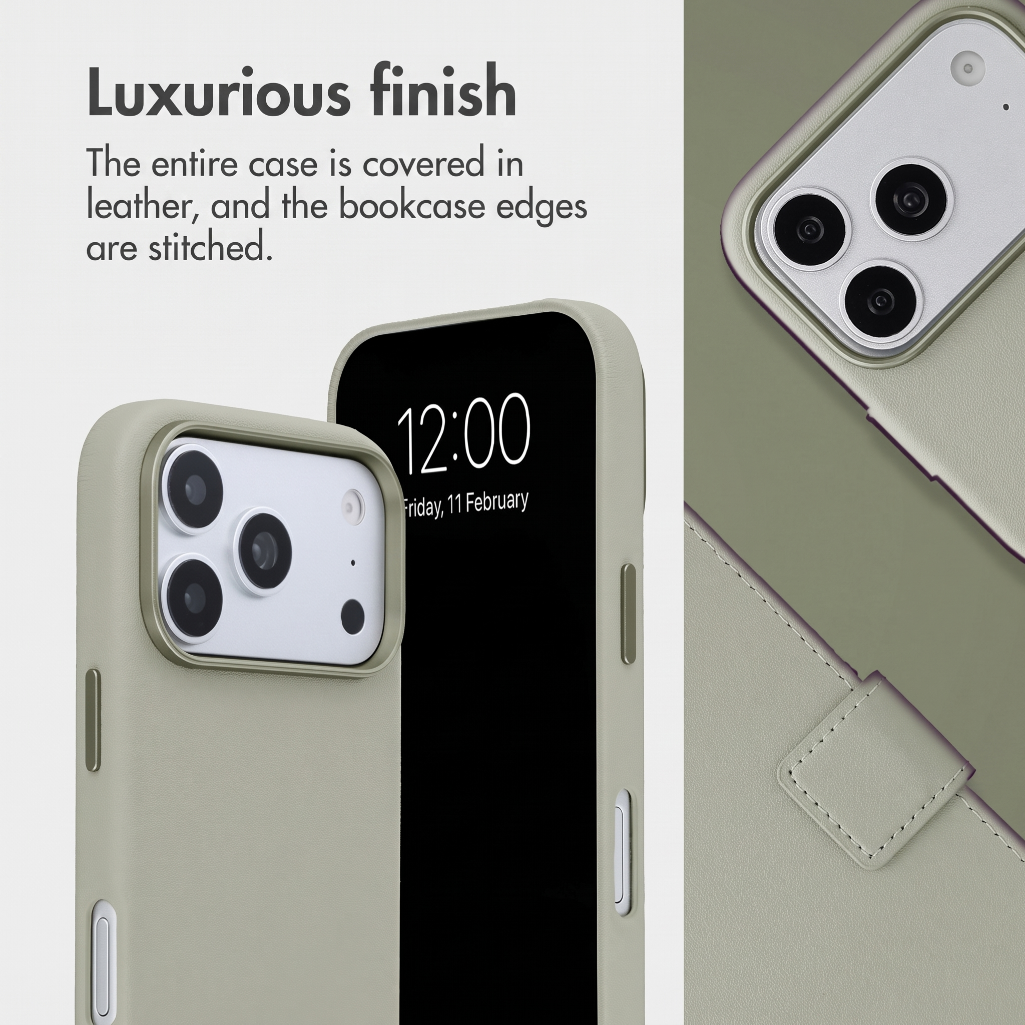 Une coque de téléphone en cuir vert olive avec détails d'appareil photo, bords cousus et texte Luxurious finish.