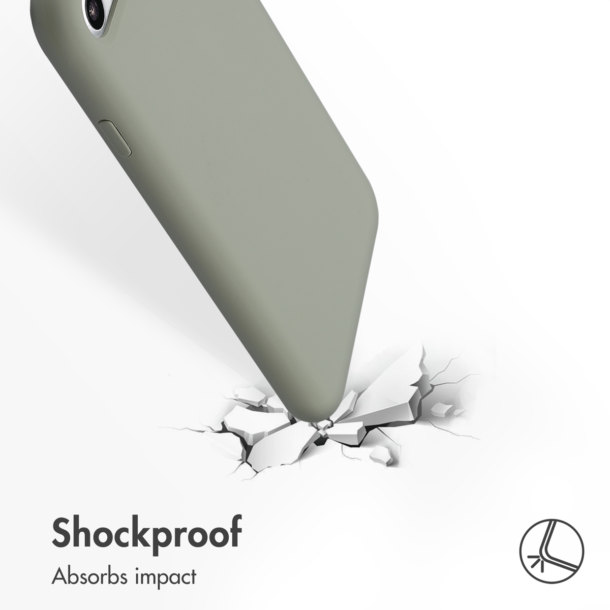 Eine Handyschale trifft auf eine harte Oberfläche und bricht sie. Text: stoßfest.