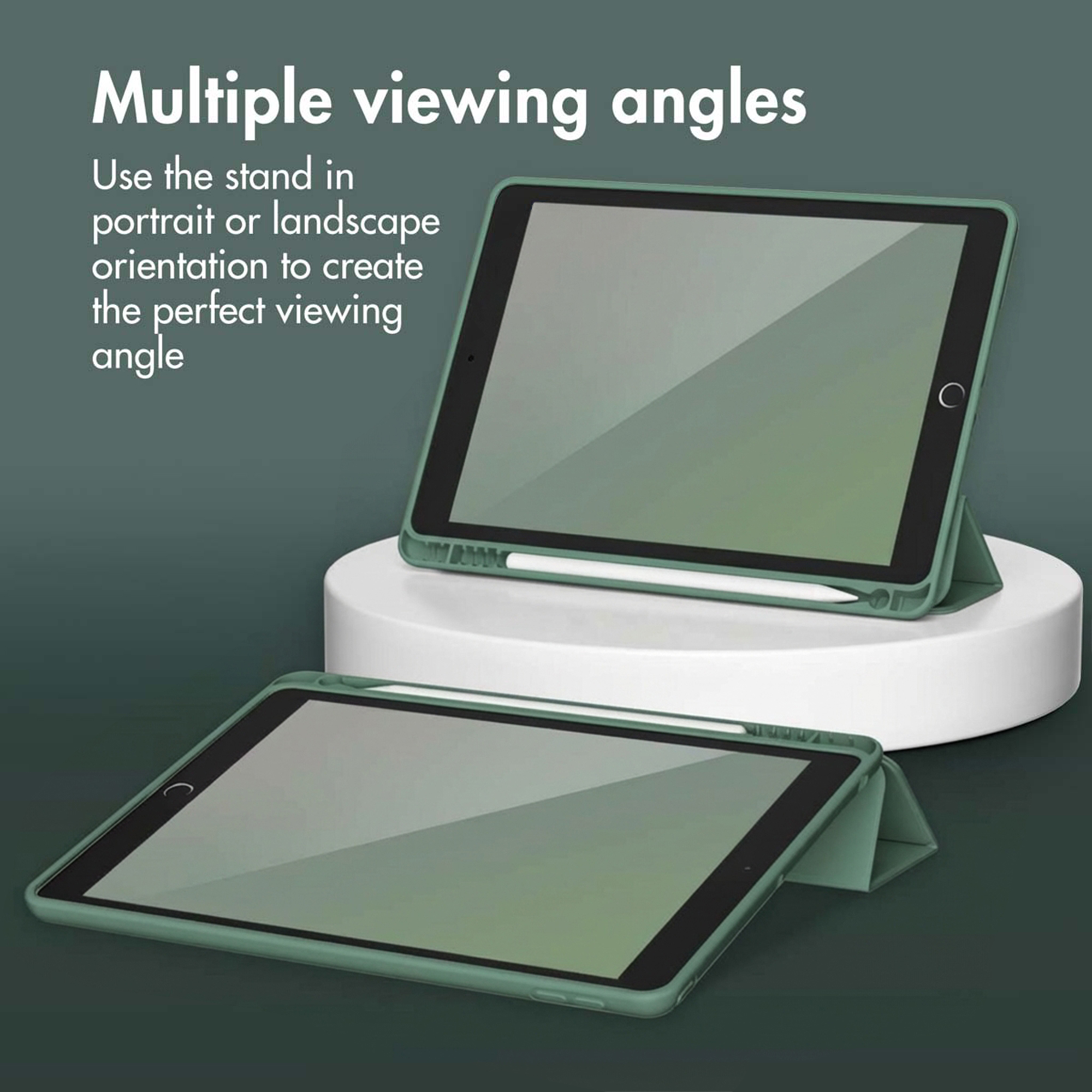 Two green tablets in cases on a dark background with text about viewing angles.