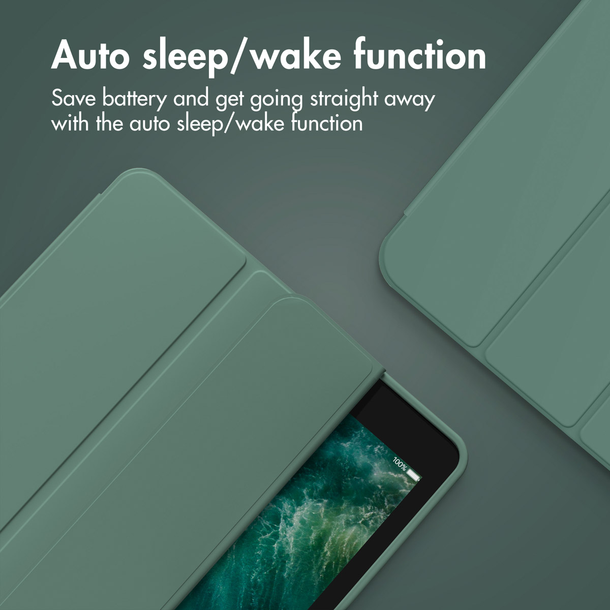 Green tablet case with auto sleep/wake function on a dark background.