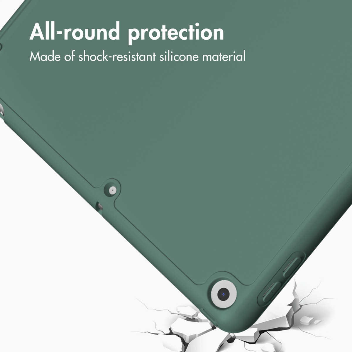 Green silicone tablet case with All-round protection text and cracked background.
