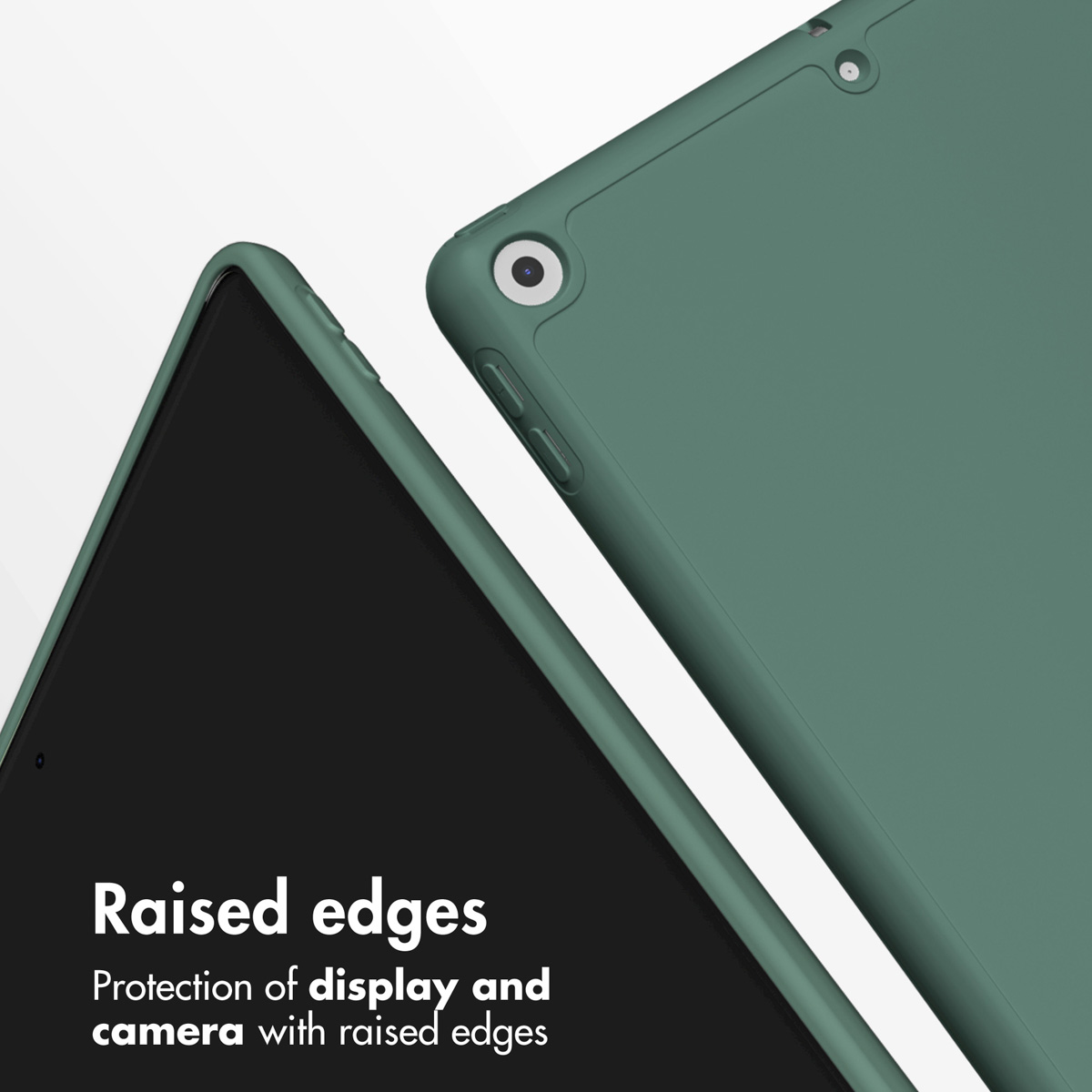 Green tablet case with raised edges protecting the display and camera.