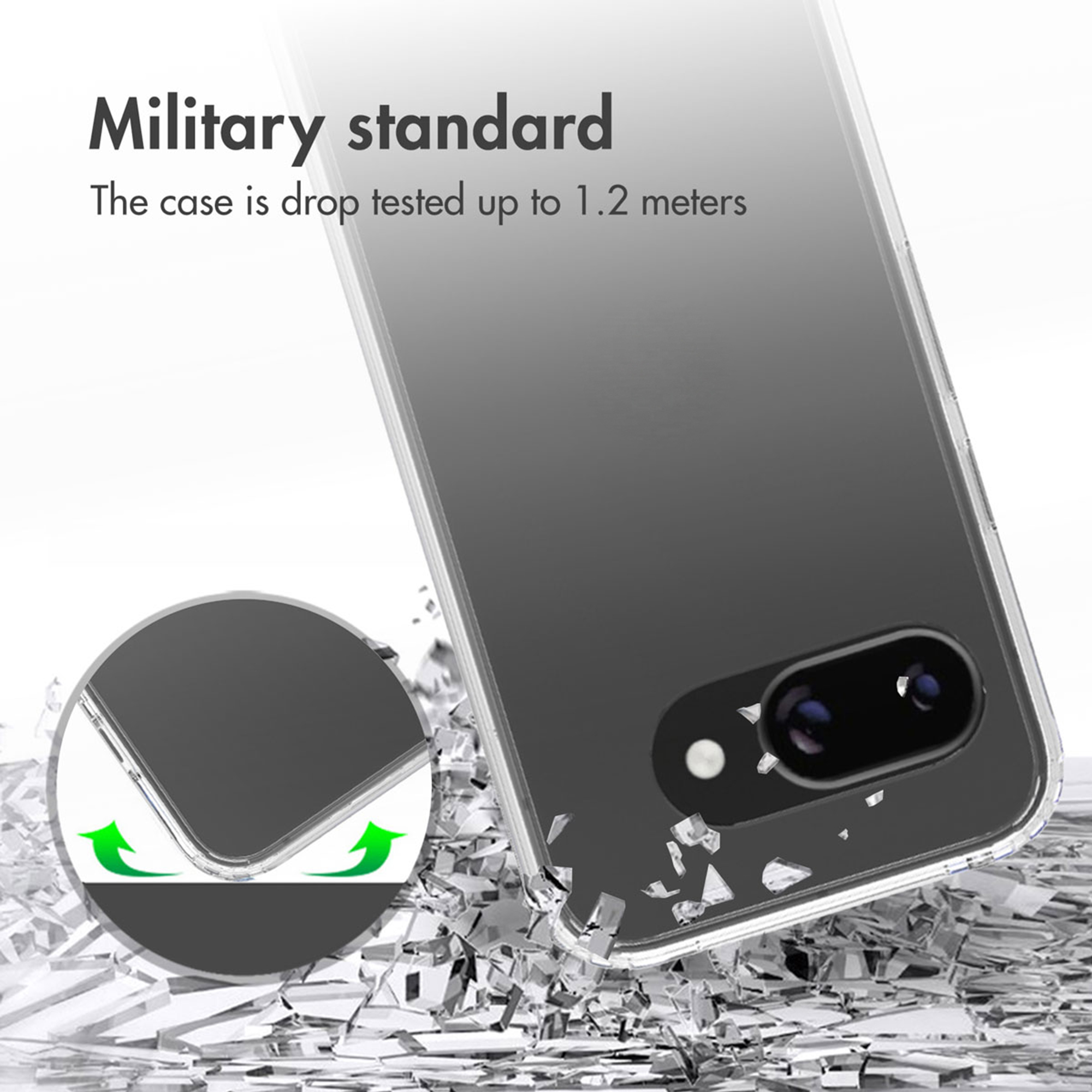 Una custodia per telefono di standard militare, testata contro le cadute fino a 1,2 metri, su vetro rotto.