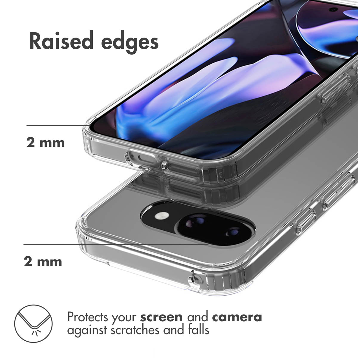 Custodia trasparente con bordi rialzati di 2 mm per schermo e fotocamera.